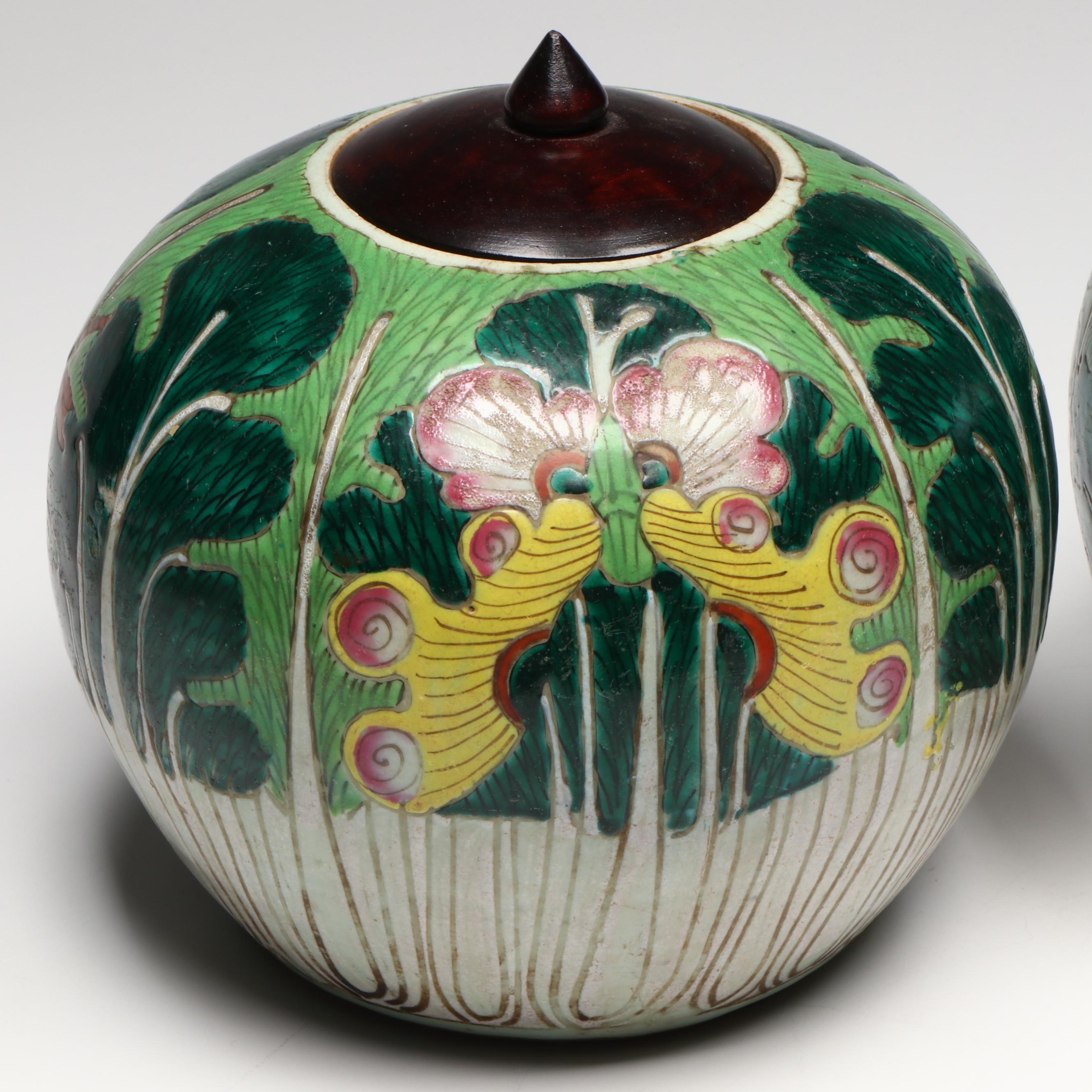 Chinese Butterfly and Cabbage Leaf Porcelain Melon Jars