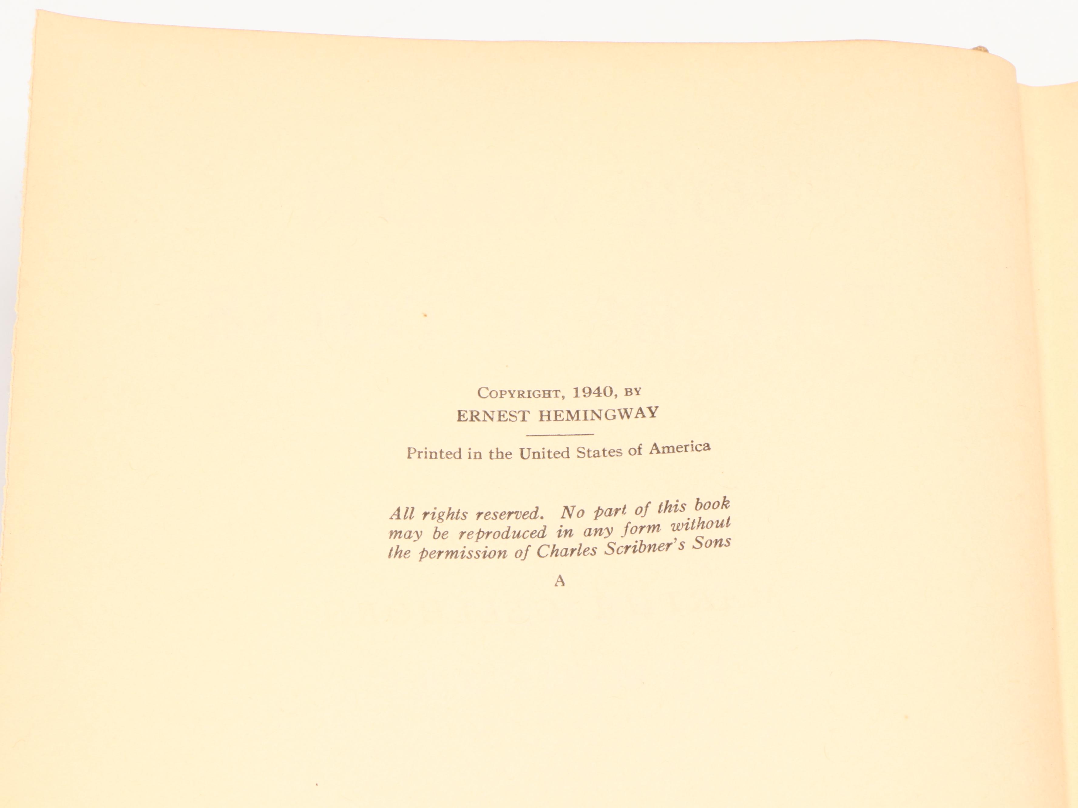First Printing "For Whom the Bell Tolls" by Ernest Hemingway, 1940