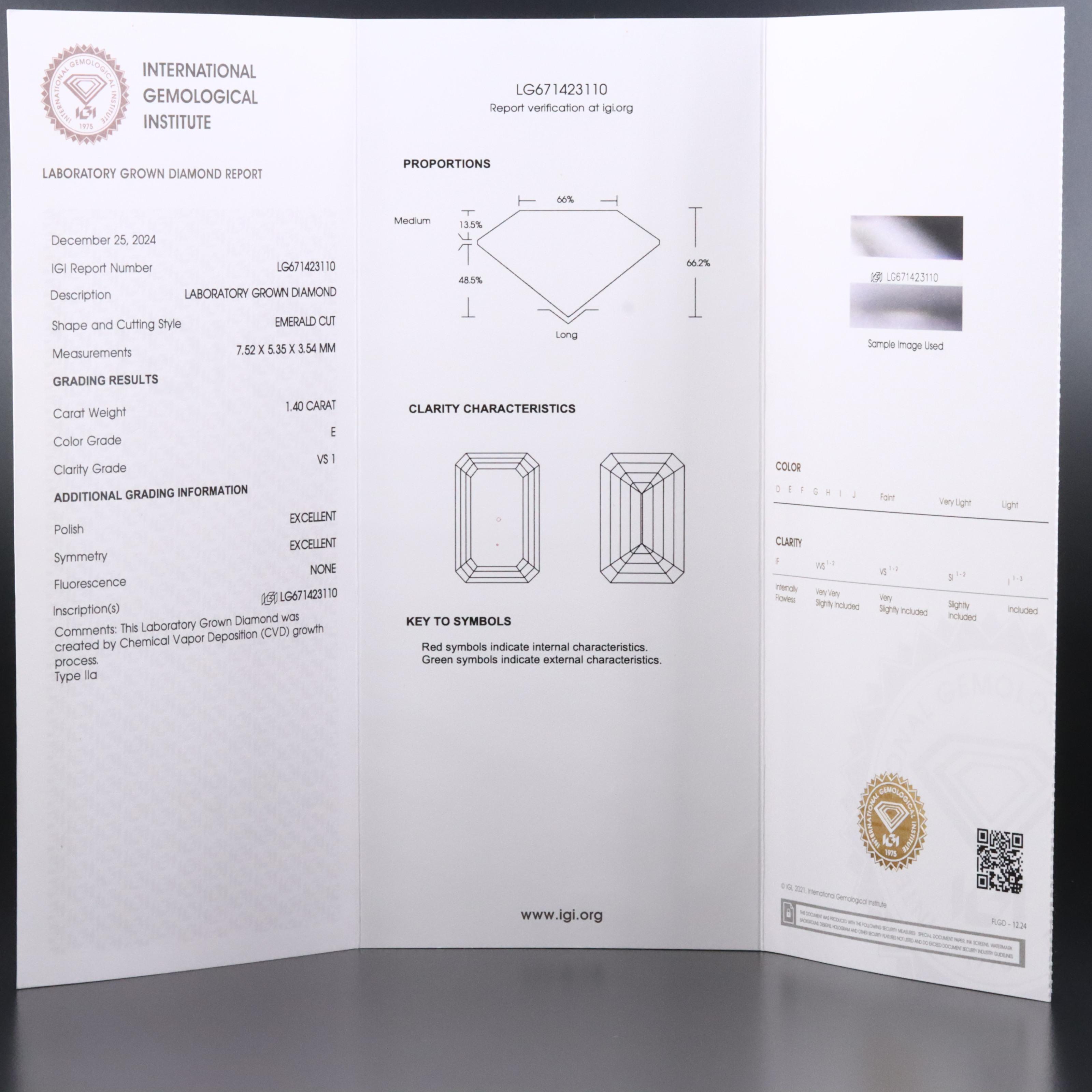 Loose 1.40 CT Lab Grown Diamond with IGI Report