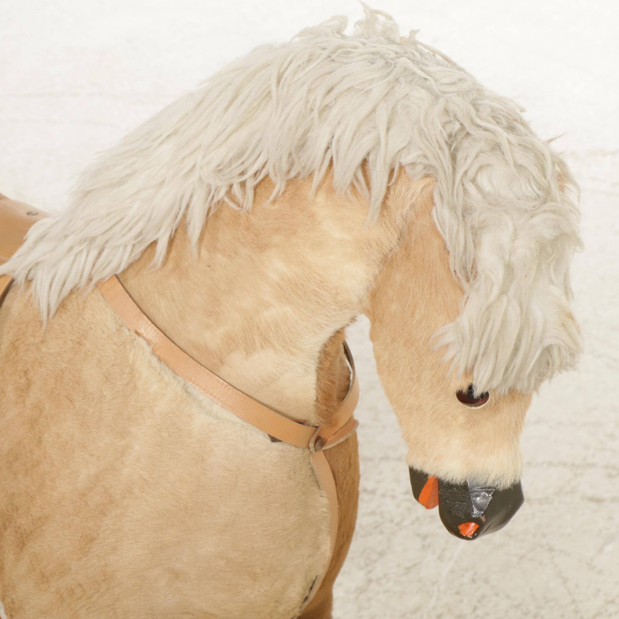 Mounted Plush Ride-On Horse on Wooden Base with Wheels