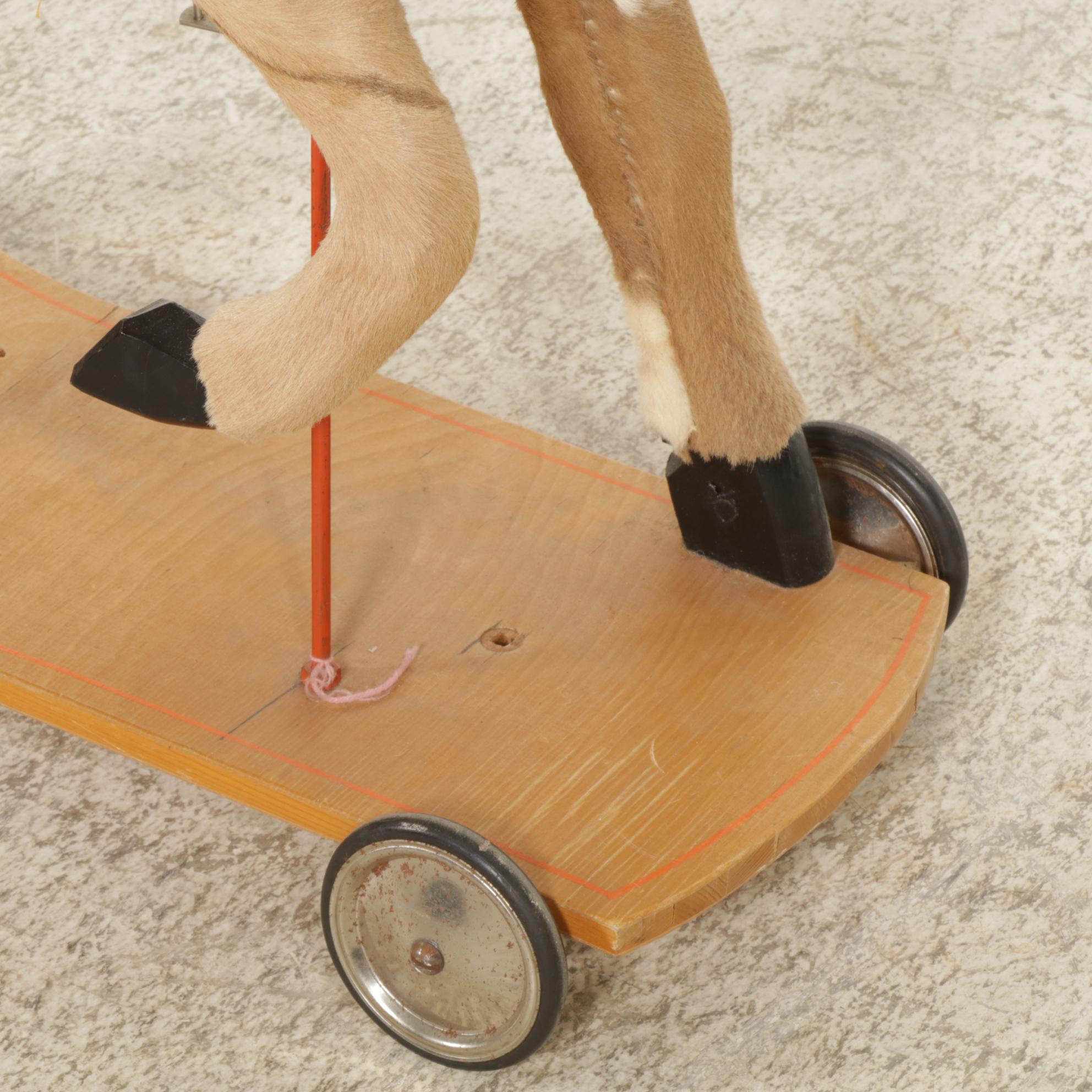 Mounted Plush Ride-On Horse on Wooden Base with Wheels