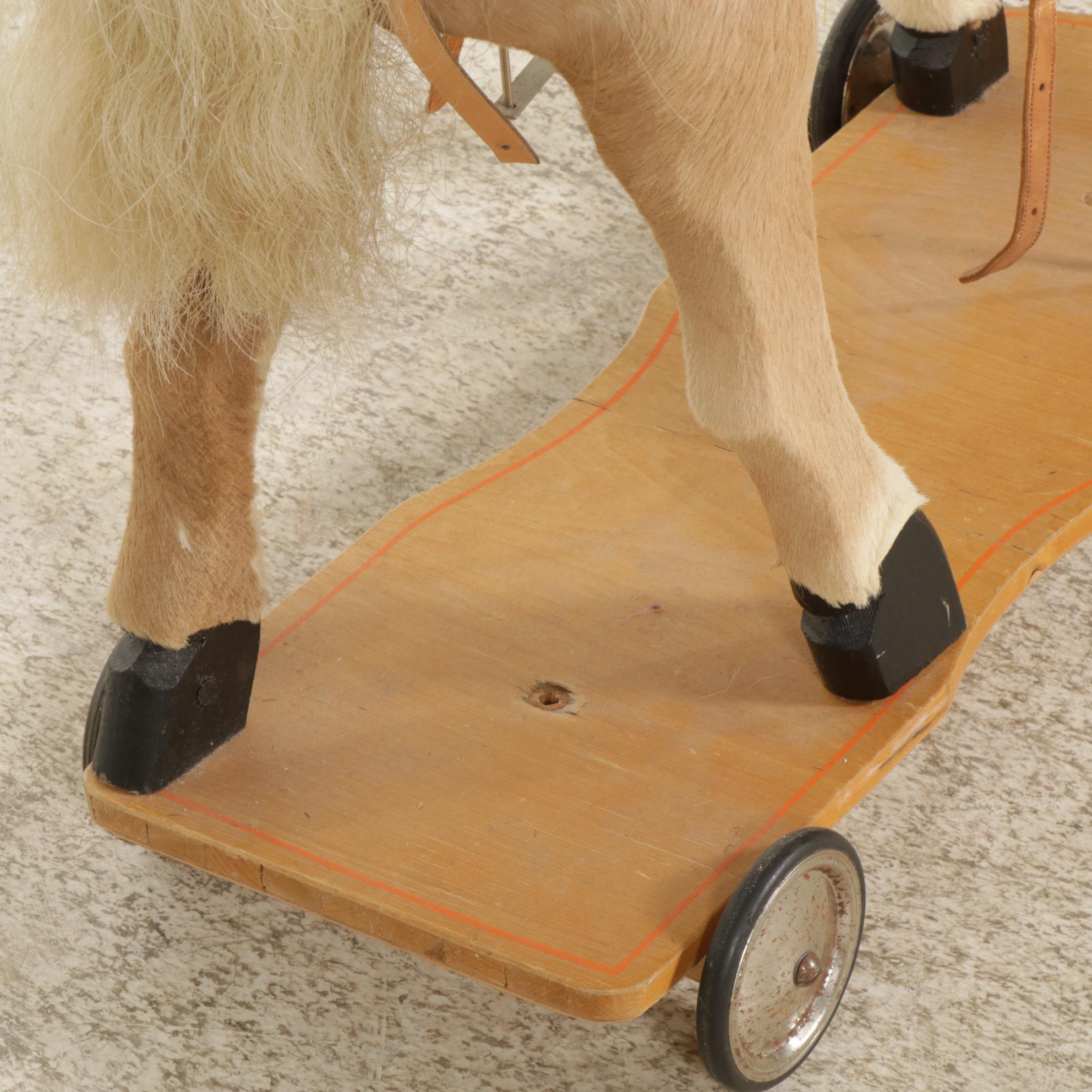 Mounted Plush Ride-On Horse on Wooden Base with Wheels