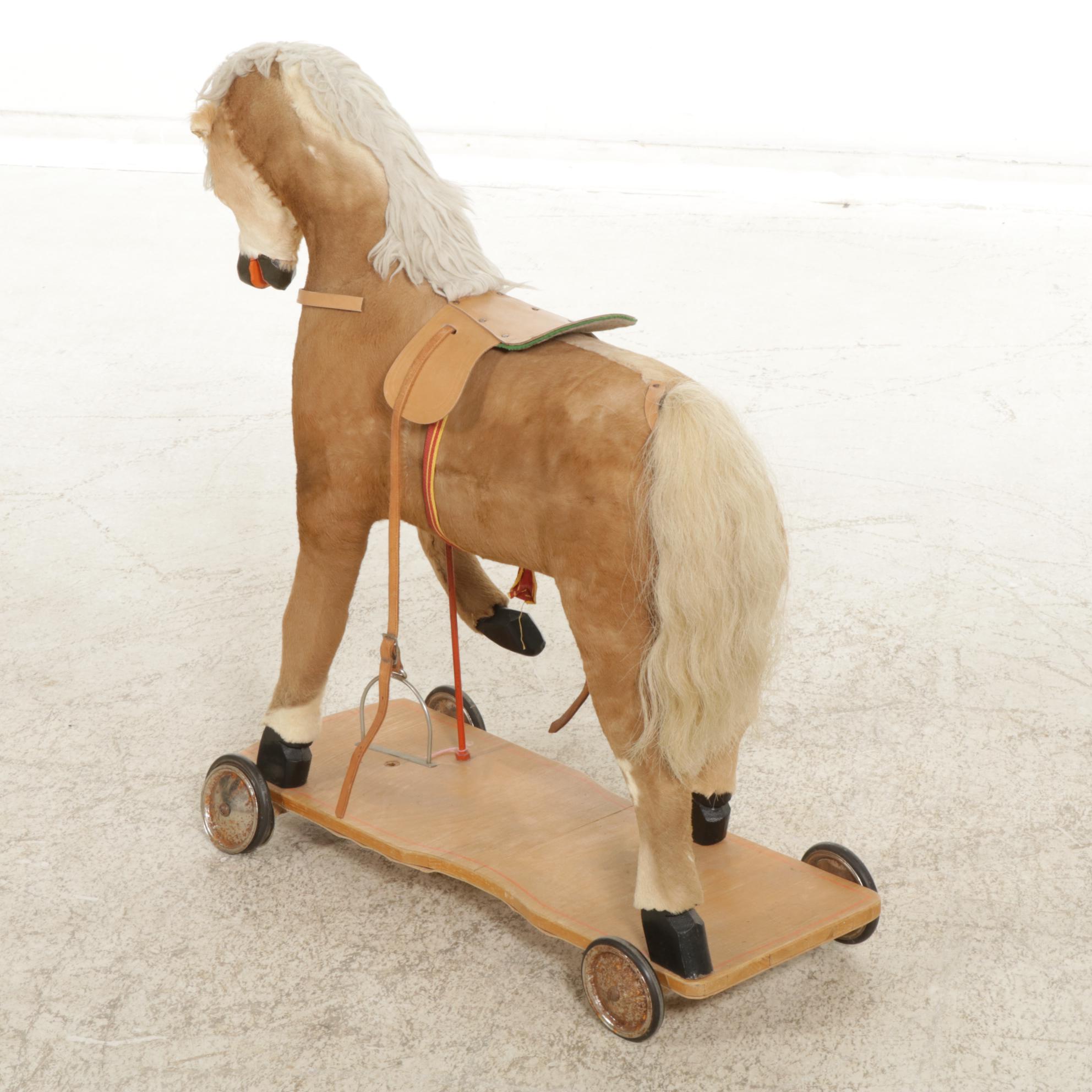 Mounted Plush Ride-On Horse on Wooden Base with Wheels