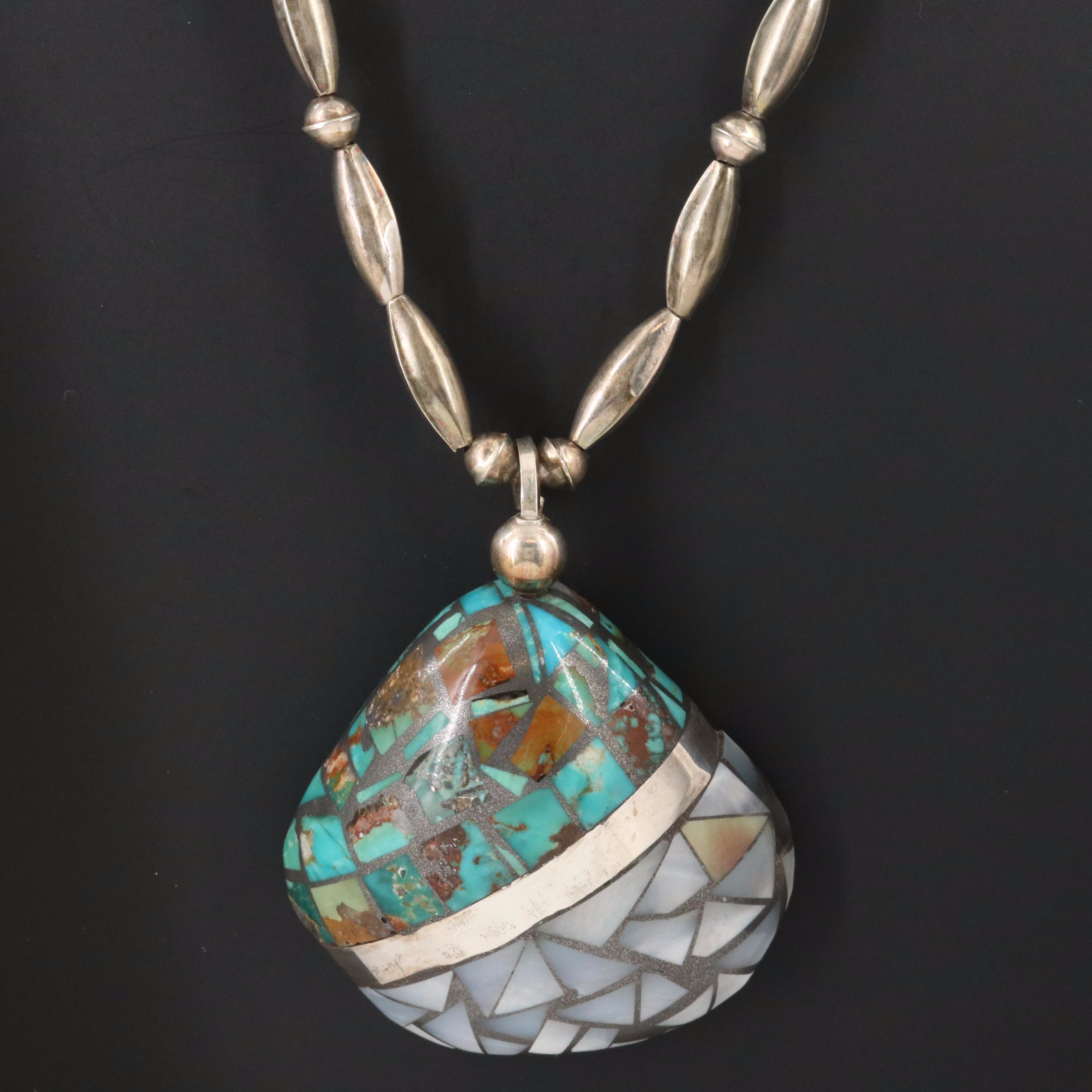 Southwestern Signed 900 Silver Turquoise & Mother-of-Pearl Inlay Shell Necklace