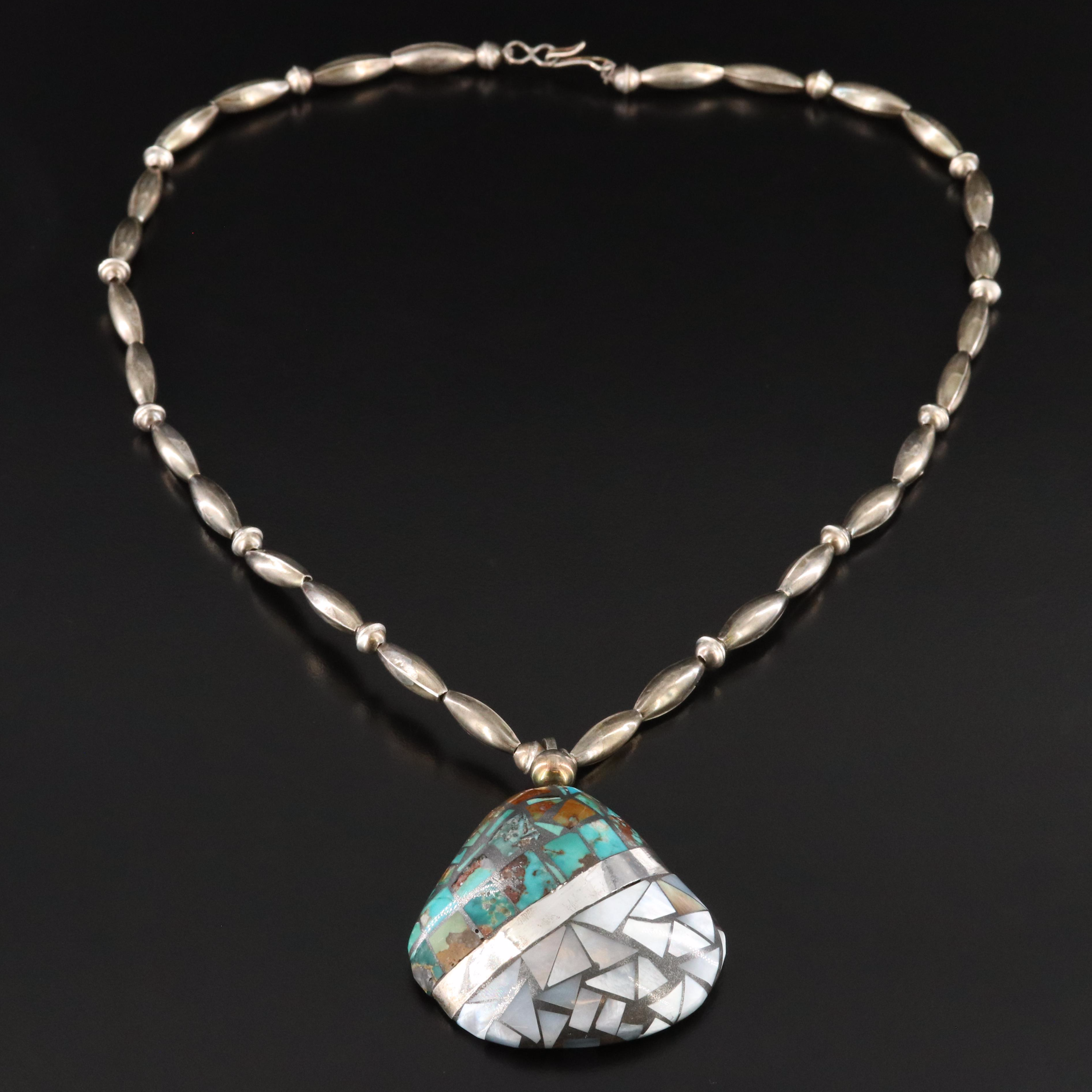 Southwestern Signed 900 Silver Turquoise & Mother-of-Pearl Inlay Shell Necklace