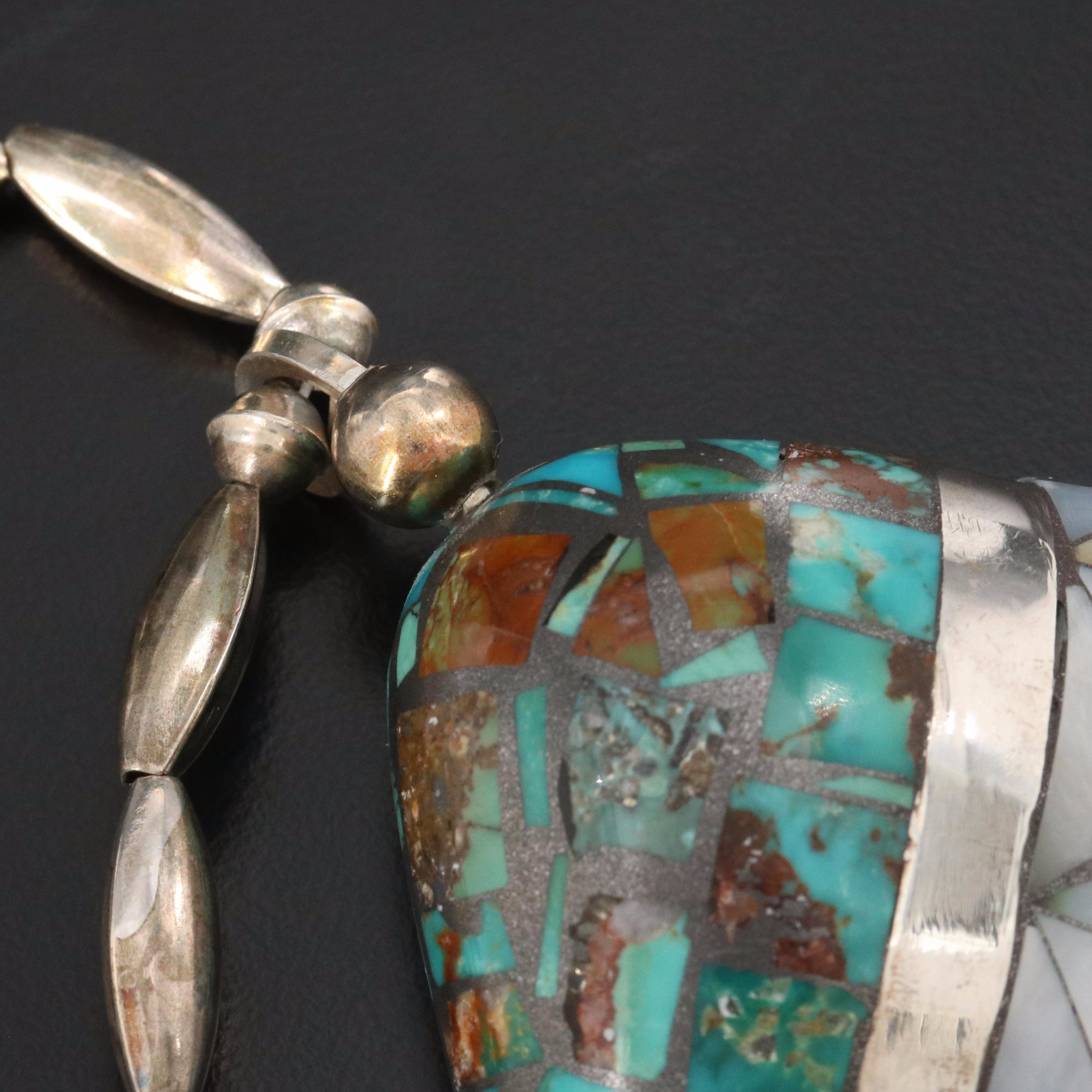 Southwestern Signed 900 Silver Turquoise & Mother-of-Pearl Inlay Shell Necklace