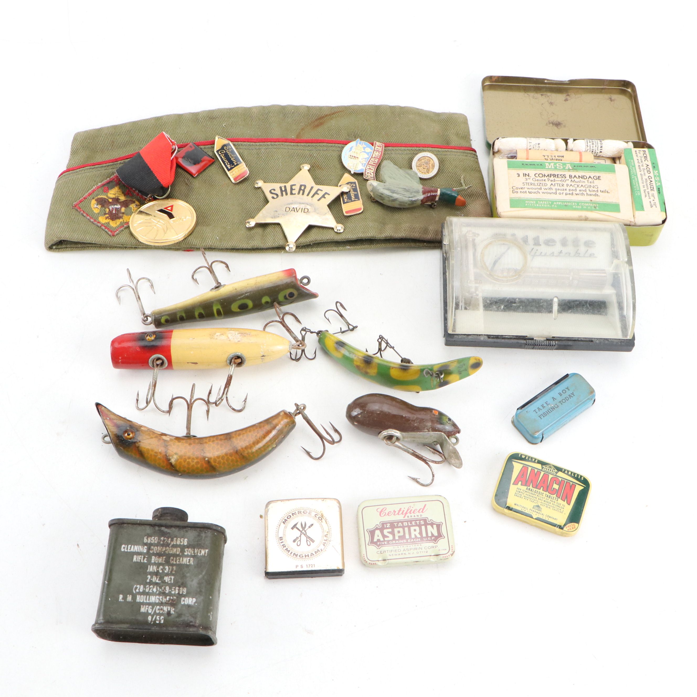 Gillette Adjustable Razor, MSA First Aid Packet with Fishing Lures and More