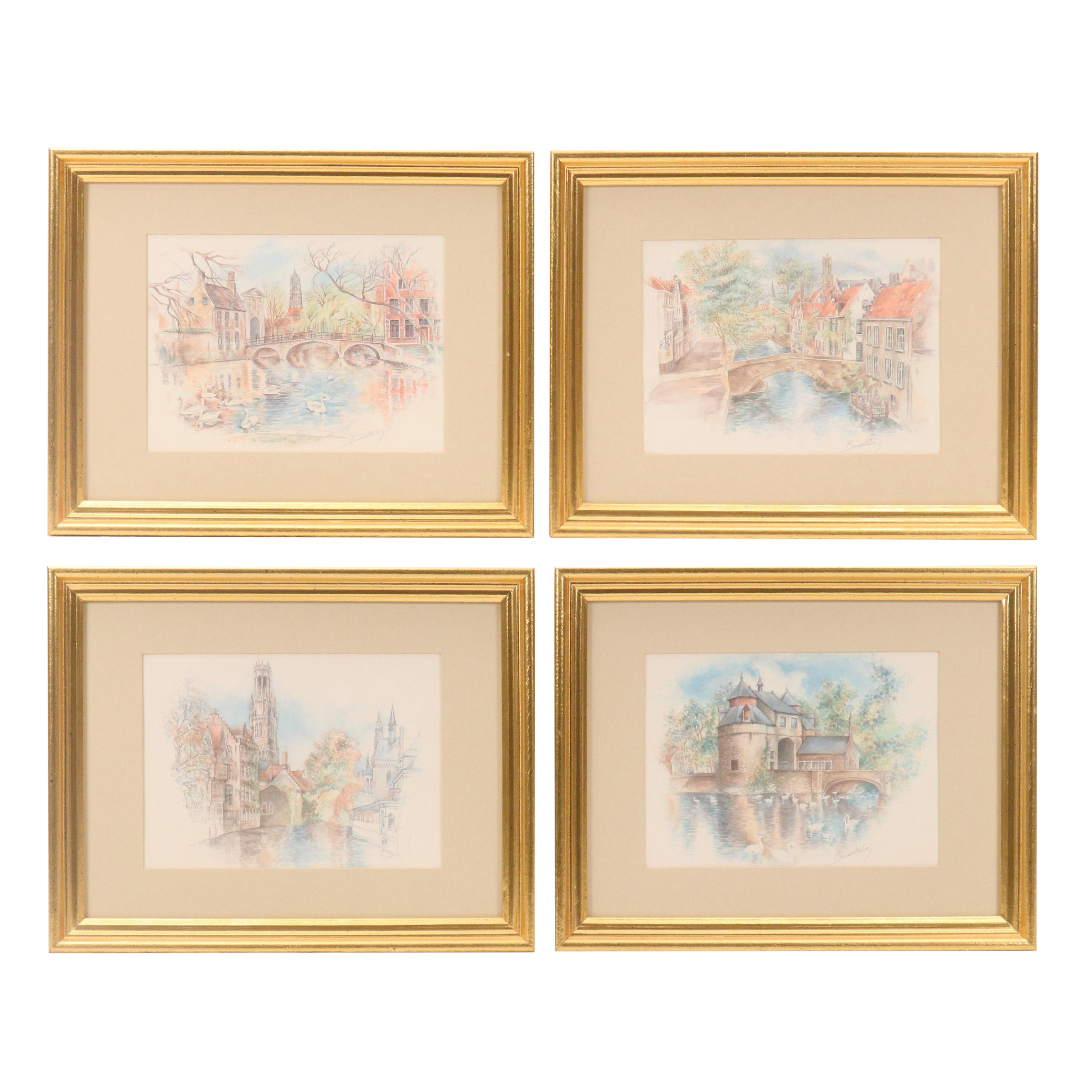 After Burnadette Voz Offset Lithographs of Village Landscapes