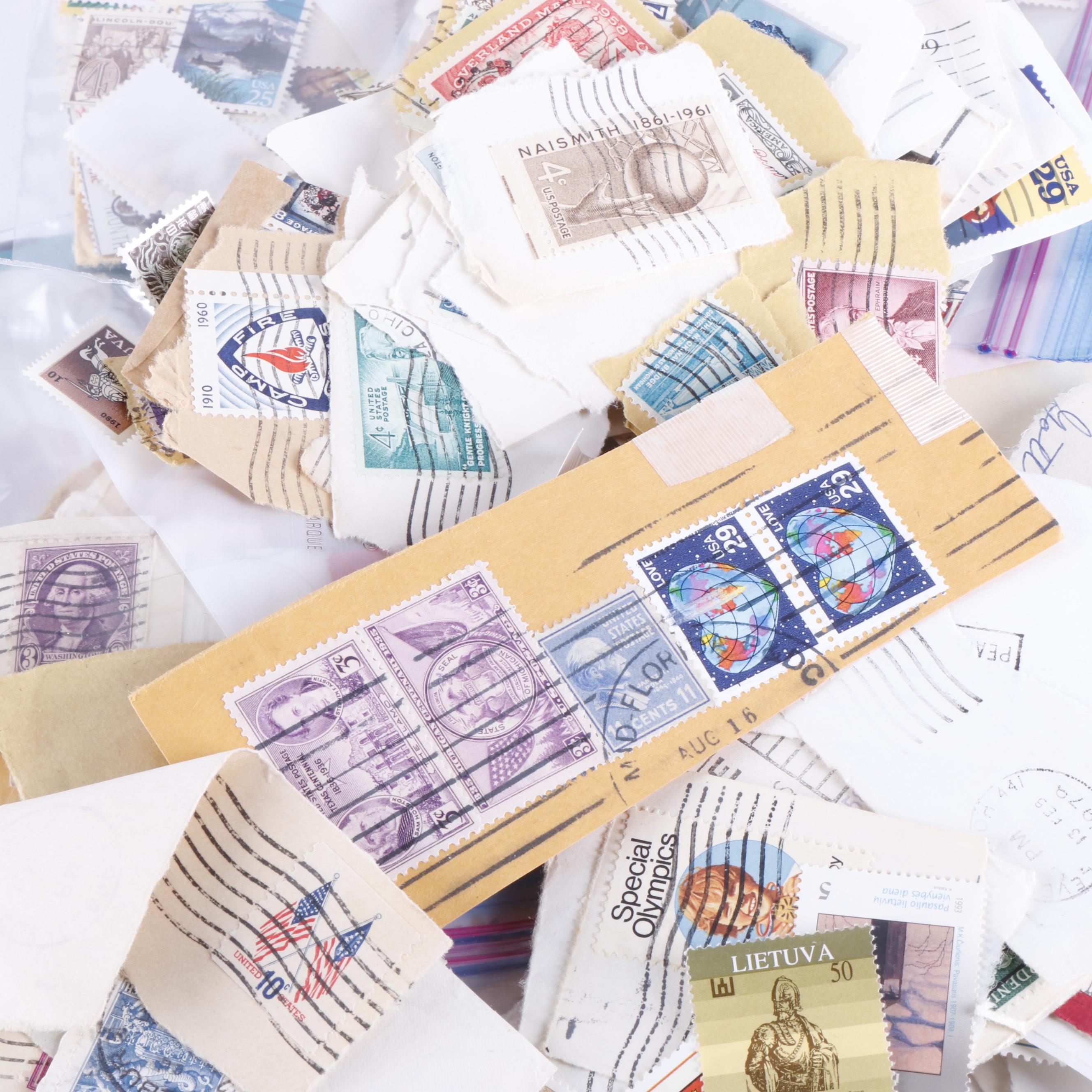 Large Group of Cut-Corner Postage Stamps and Loose Stamps, U.S. and World