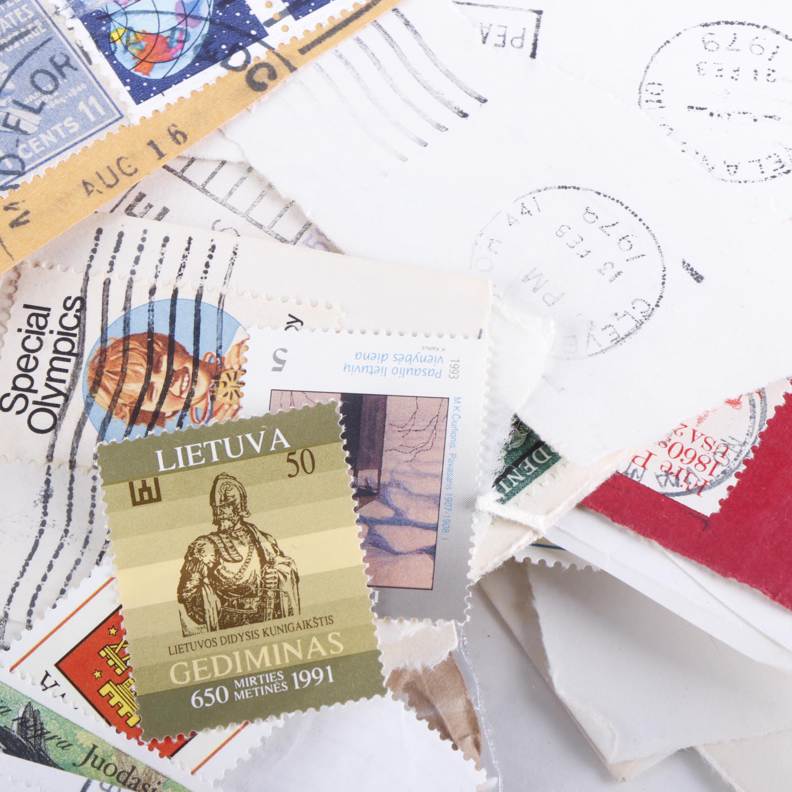 Large Group of Cut-Corner Postage Stamps and Loose Stamps, U.S. and World