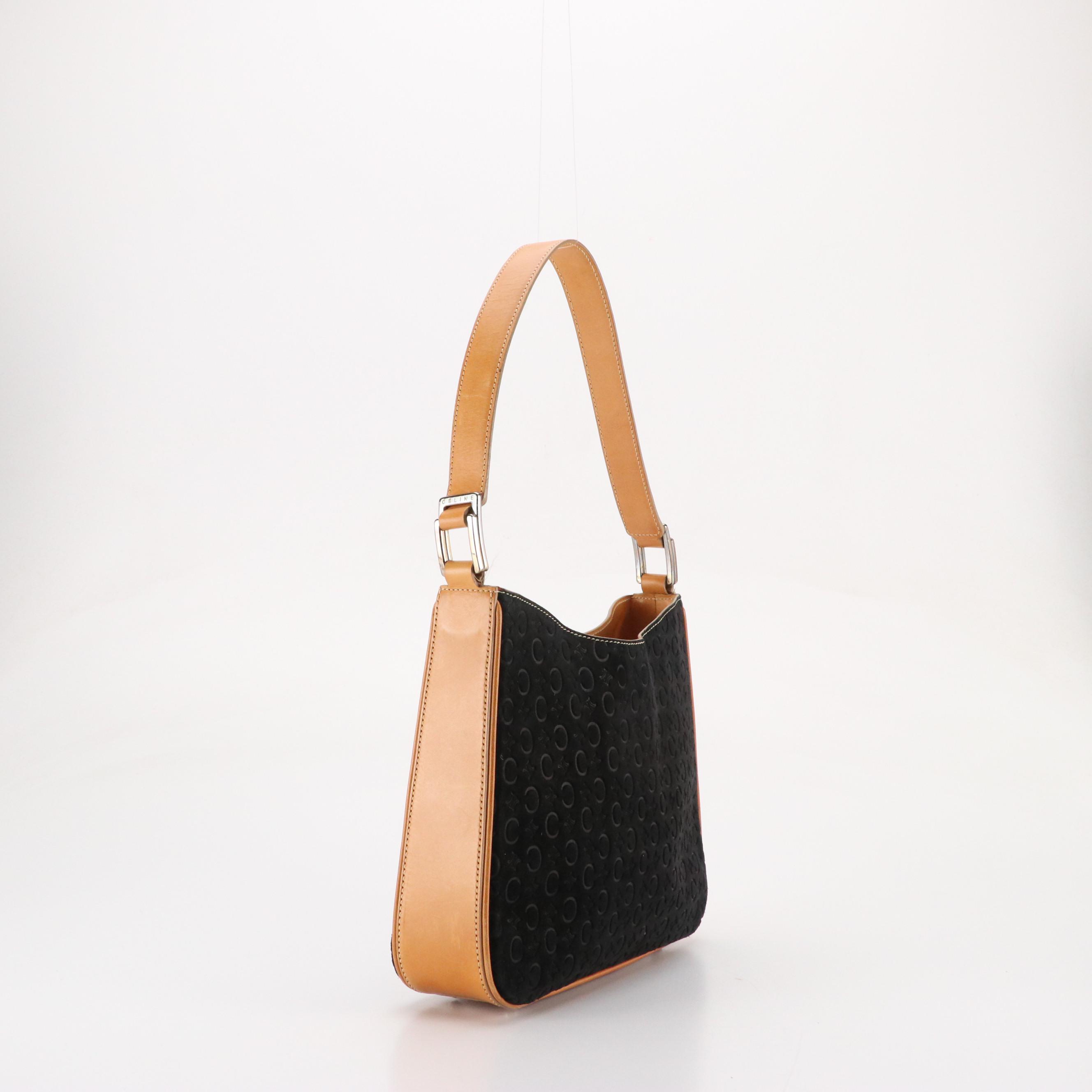 Celine Shoulder Bag in Black C Macadam Embossed Suede and Tan Calfskin Leather