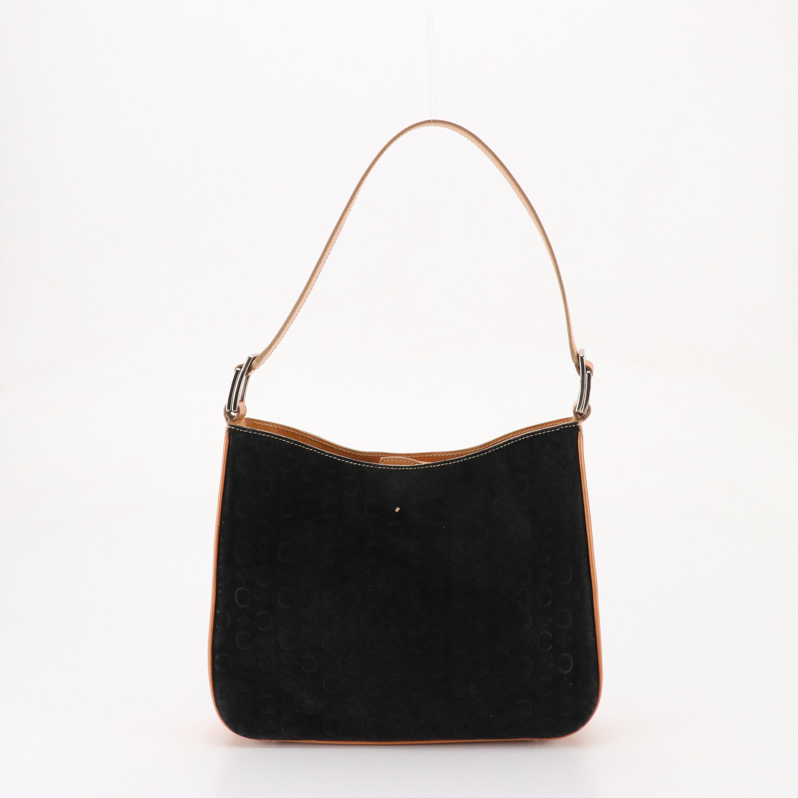 Celine Shoulder Bag in Black C Macadam Embossed Suede and Tan Calfskin Leather