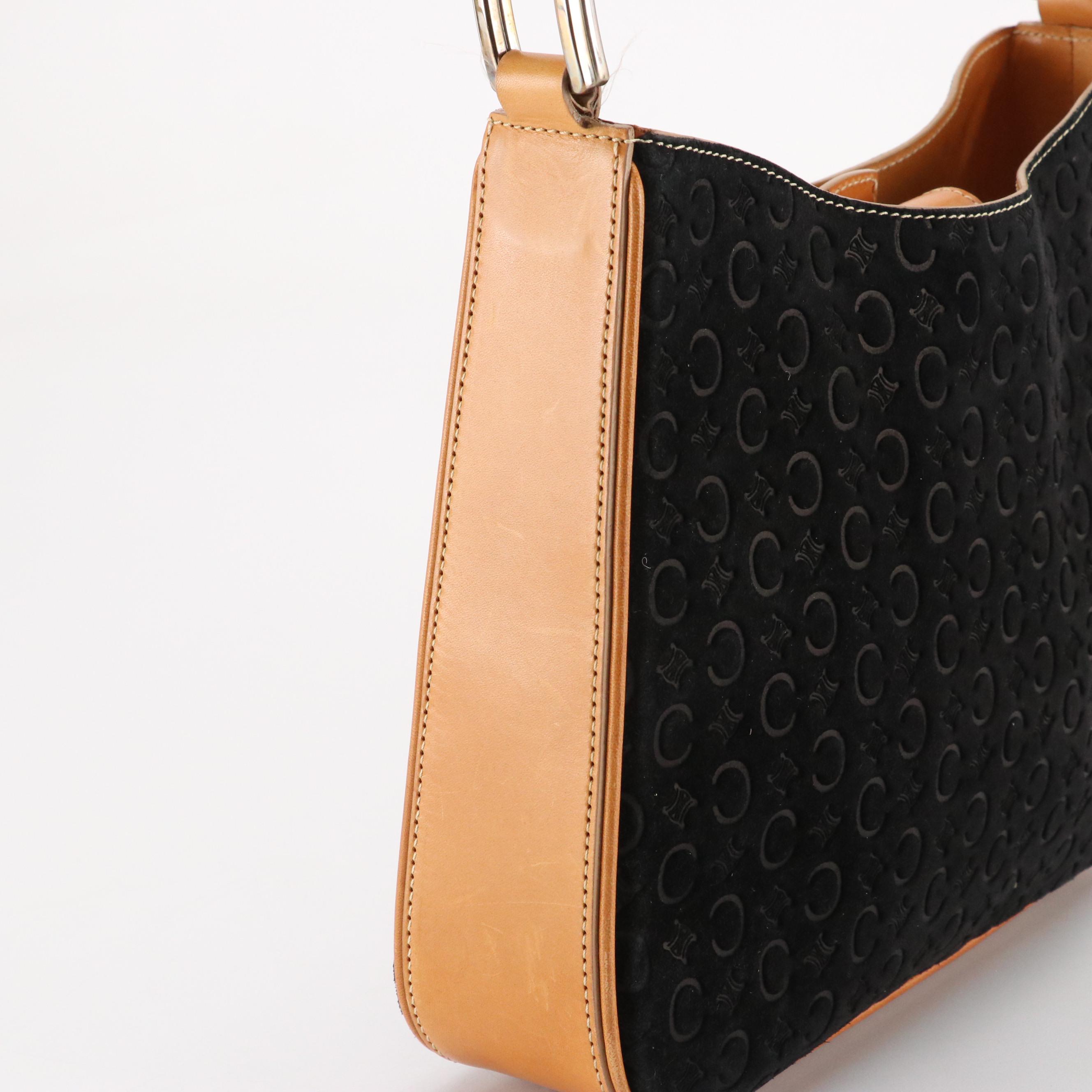 Celine Shoulder Bag in Black C Macadam Embossed Suede and Tan Calfskin Leather