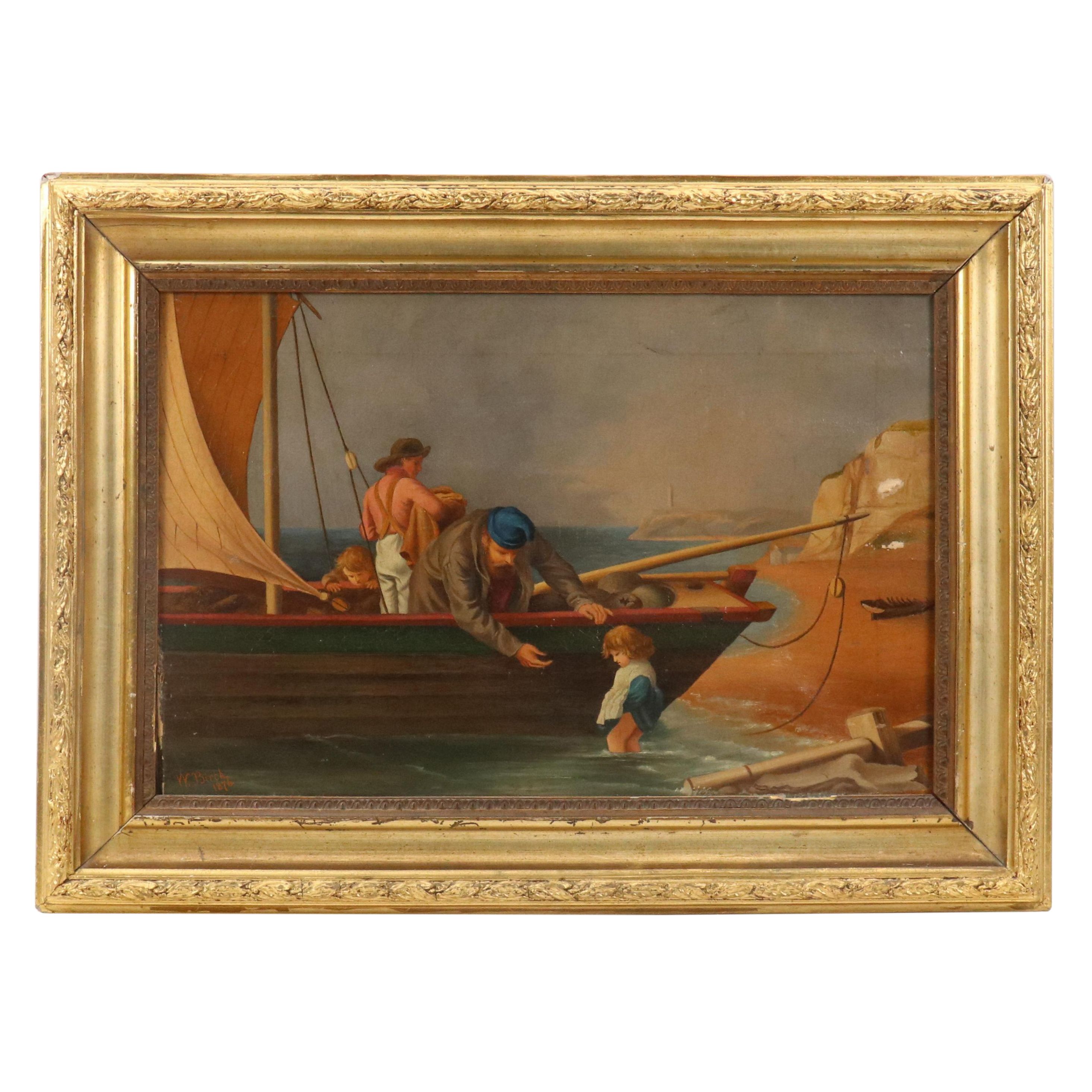 W. Birch Nautical Scene with Figures Oil Painting, 1876
