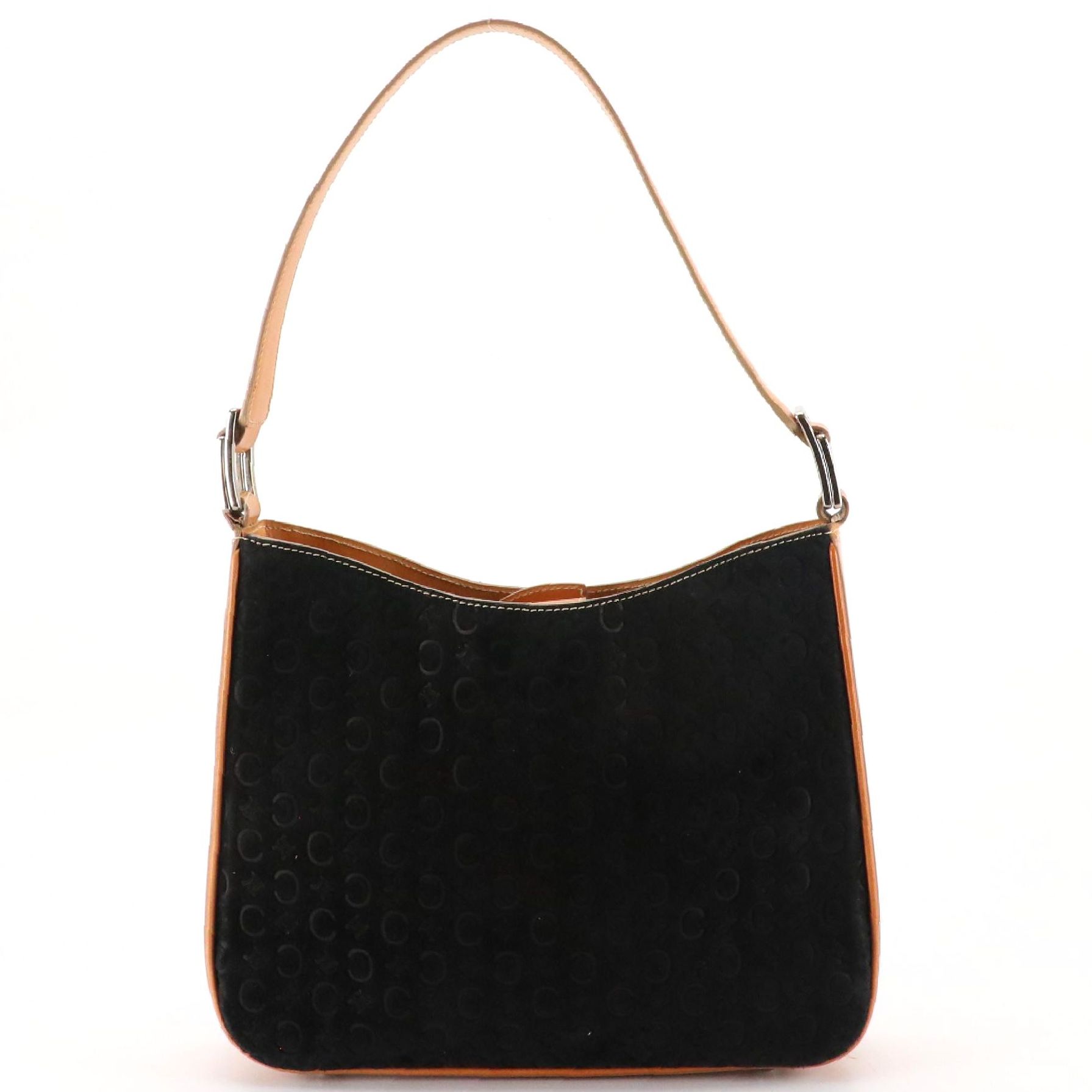 Celine Shoulder Bag in Black C Macadam Embossed Suede and Tan Calfskin Leather