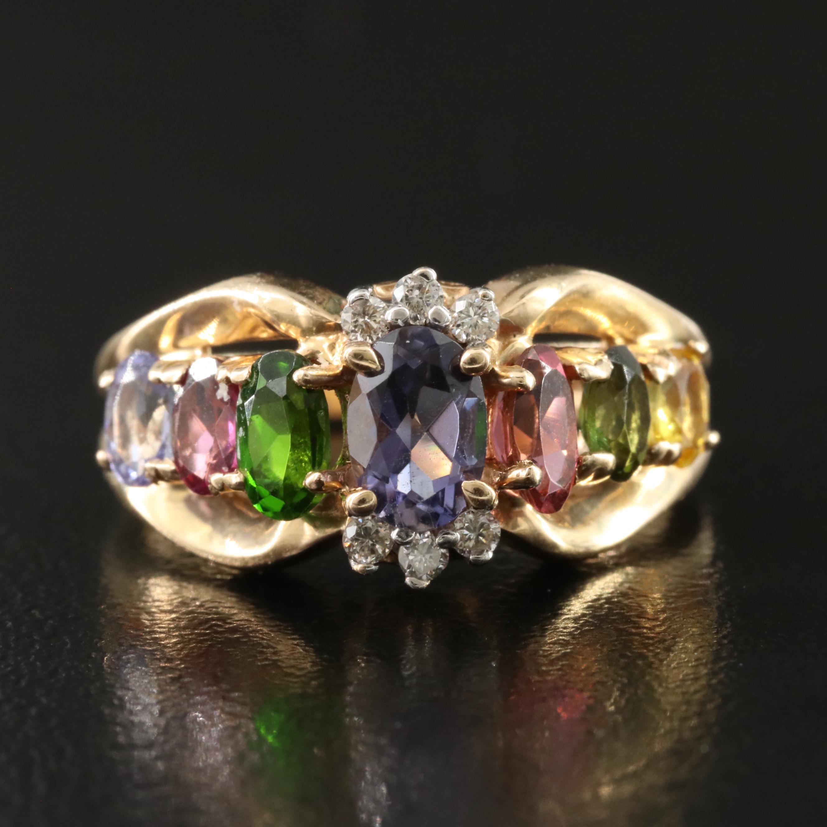 14K Multi Gemstone and Diamond Ring Featuring Tanzanite, Tourmaline, and Citrine
