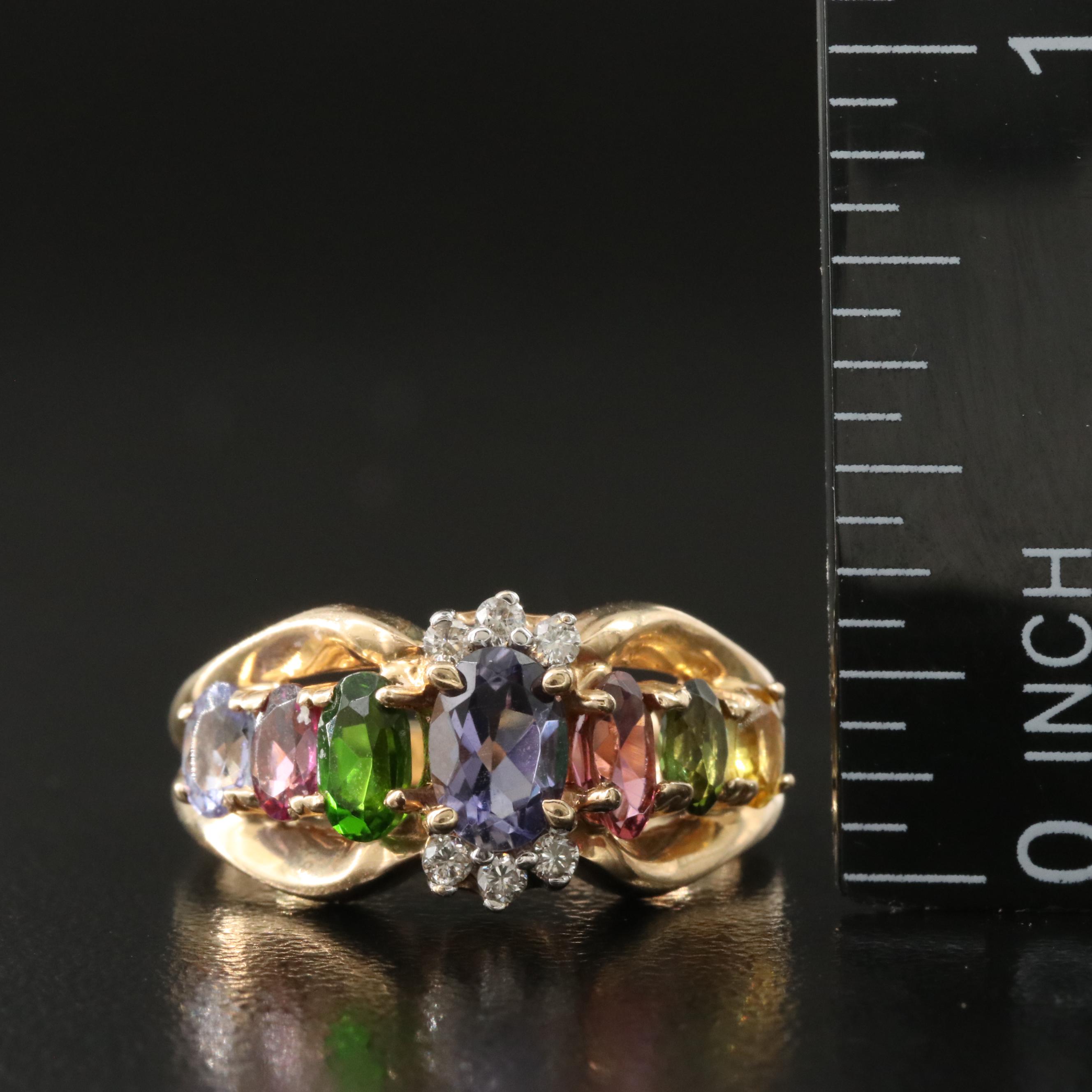 14K Multi Gemstone and Diamond Ring Featuring Tanzanite, Tourmaline, and Citrine