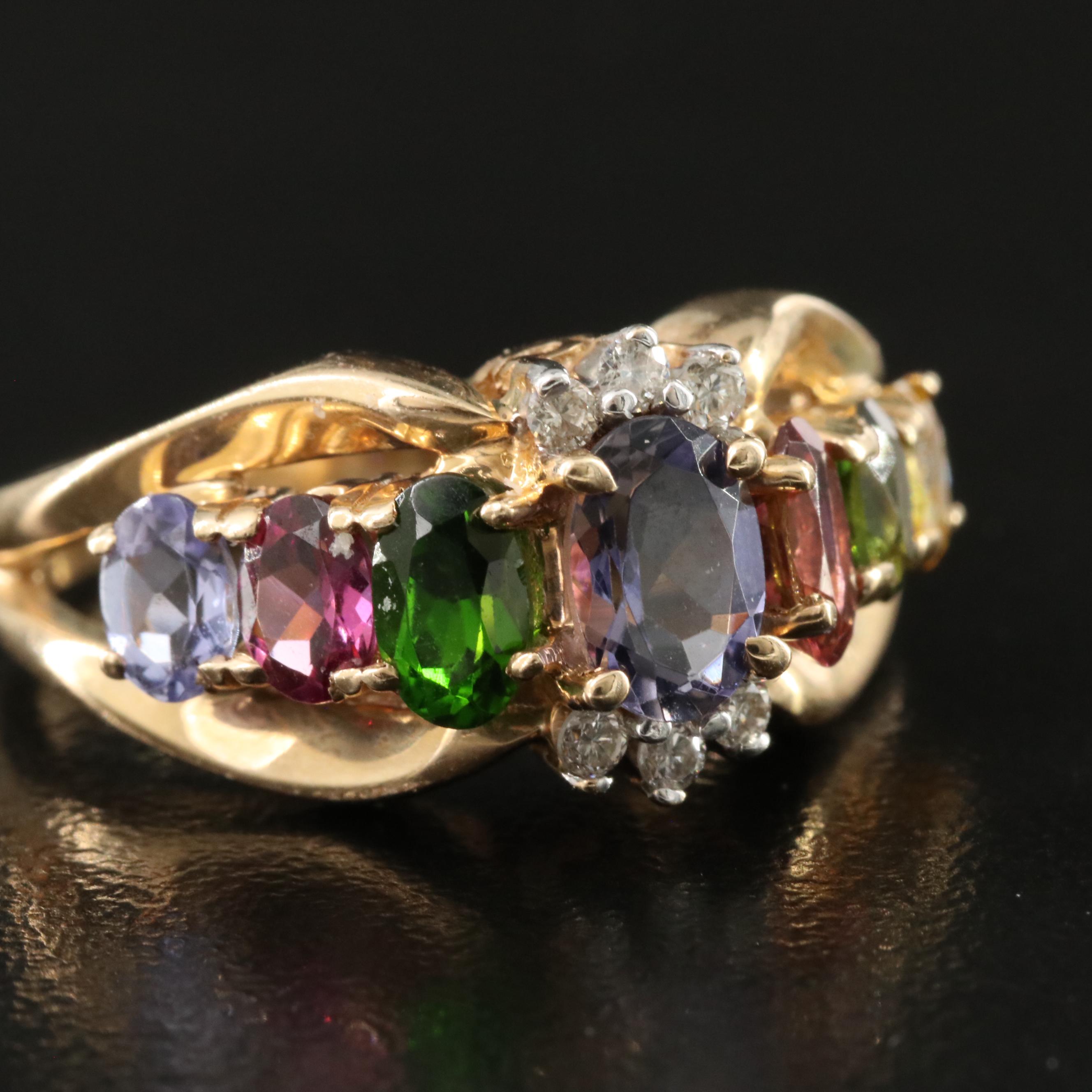 14K Multi Gemstone and Diamond Ring Featuring Tanzanite, Tourmaline, and Citrine