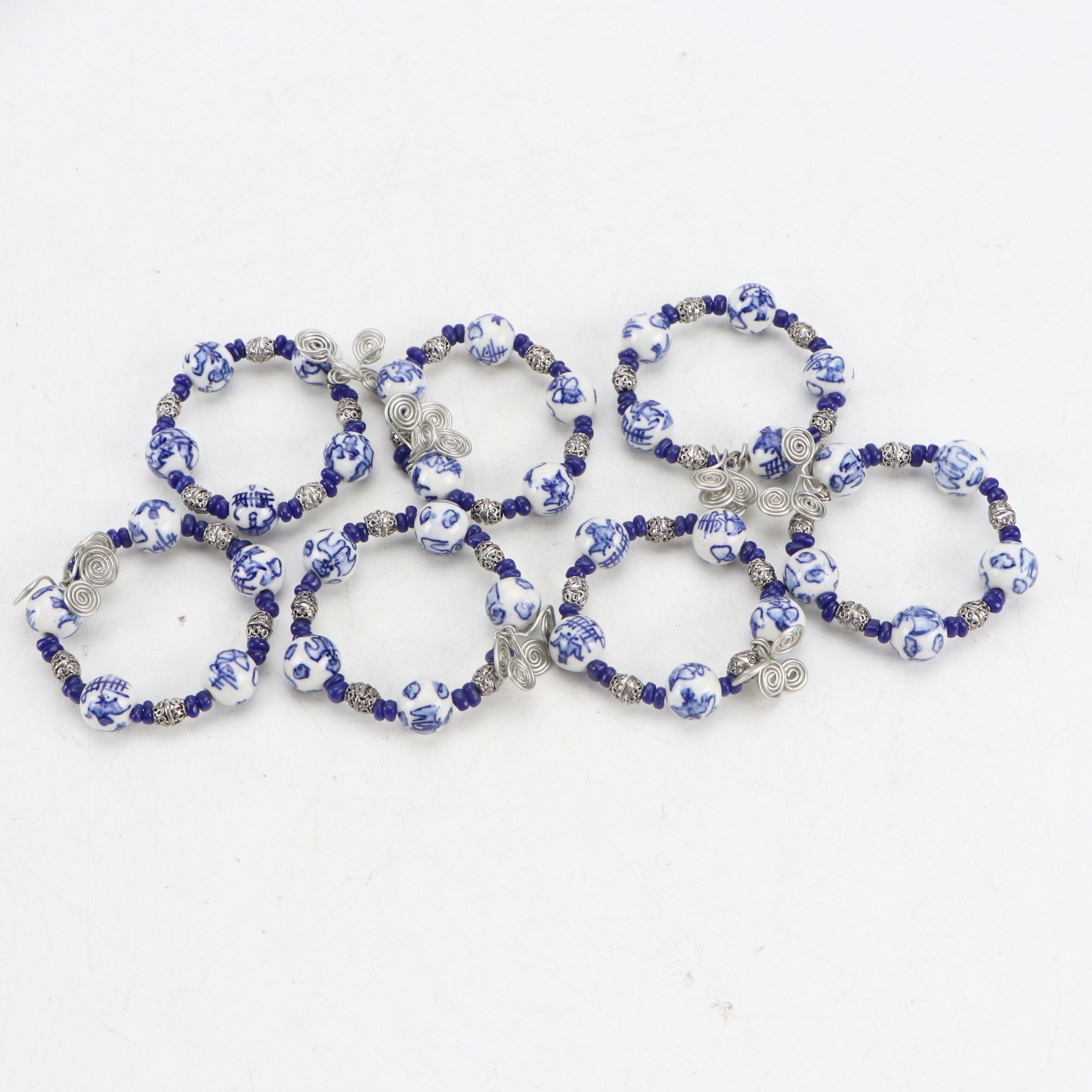 HOT Studio Pottery Rabbit Pattern Tureen with Blue and White Beaded Napkin Rings