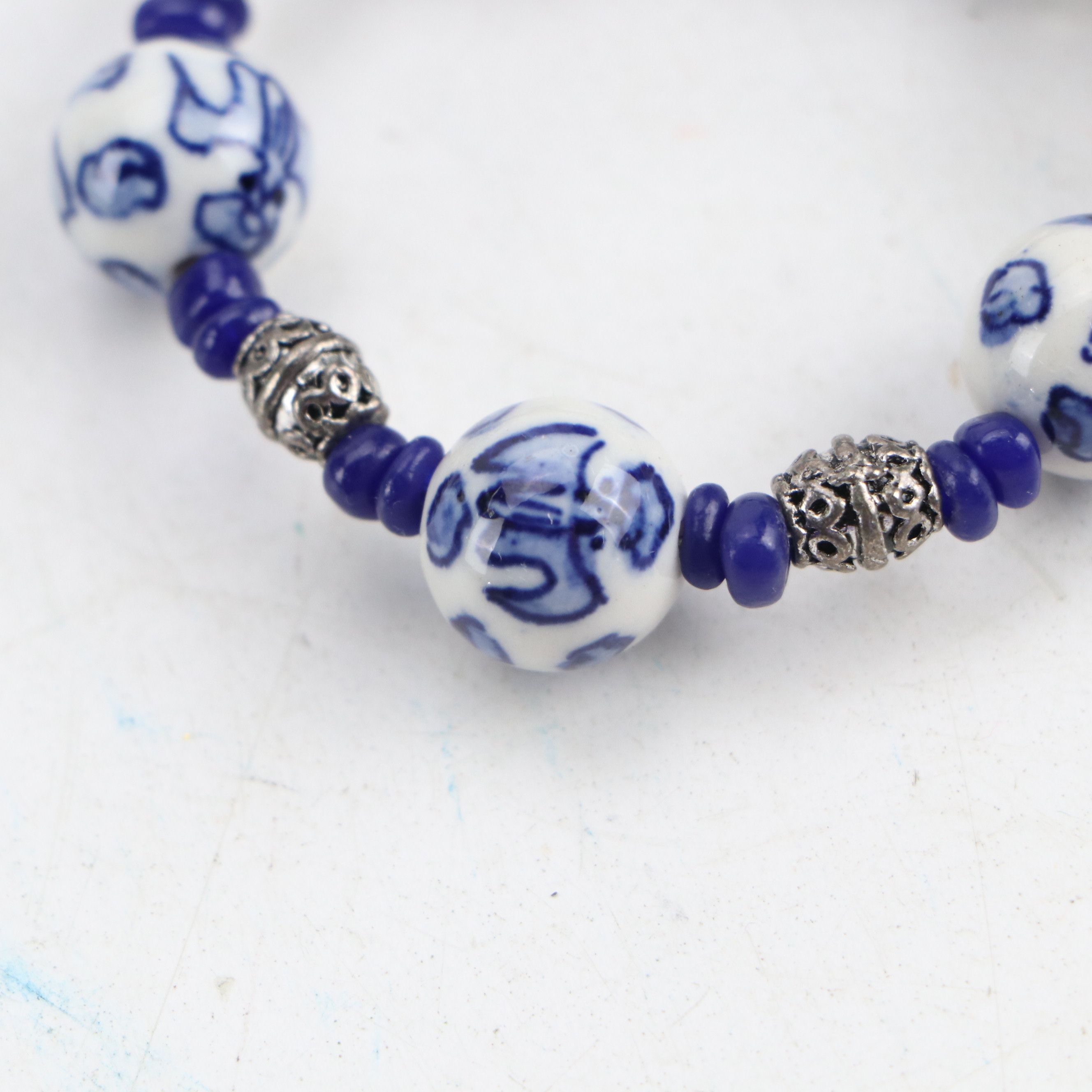 HOT Studio Pottery Rabbit Pattern Tureen with Blue and White Beaded Napkin Rings