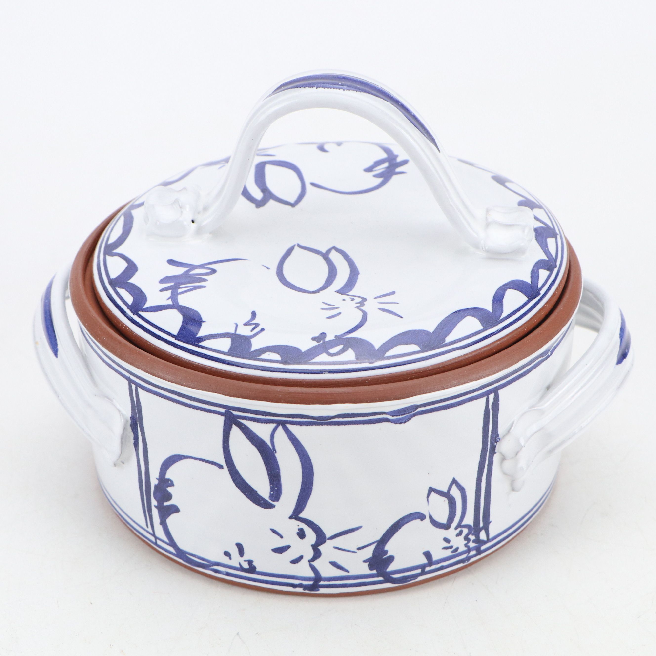 HOT Studio Pottery Rabbit Pattern Tureen with Blue and White Beaded Napkin Rings