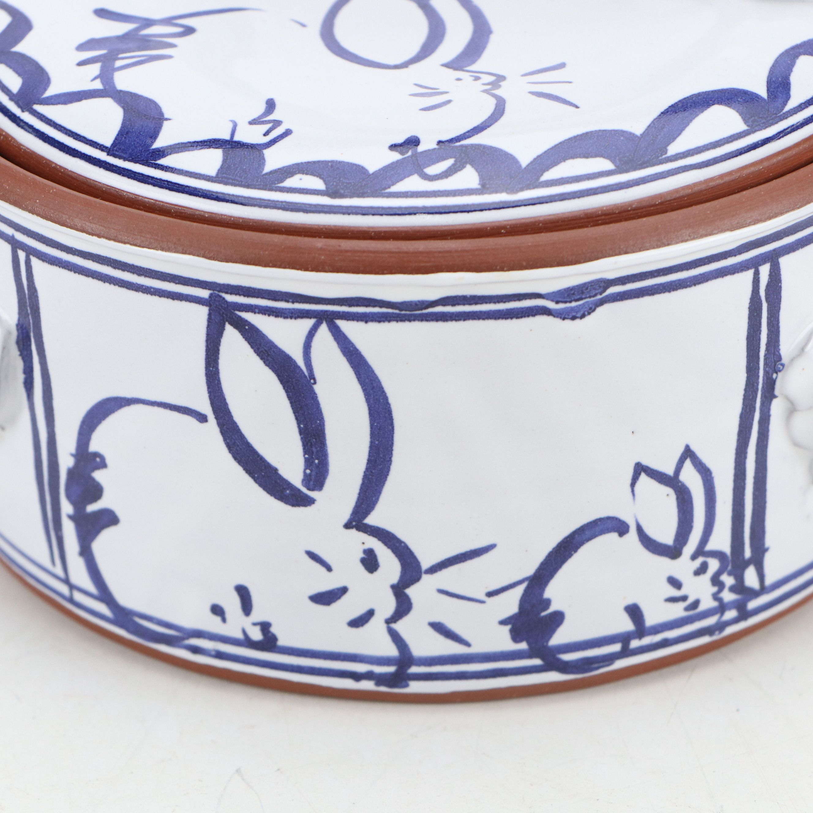HOT Studio Pottery Rabbit Pattern Tureen with Blue and White Beaded Napkin Rings