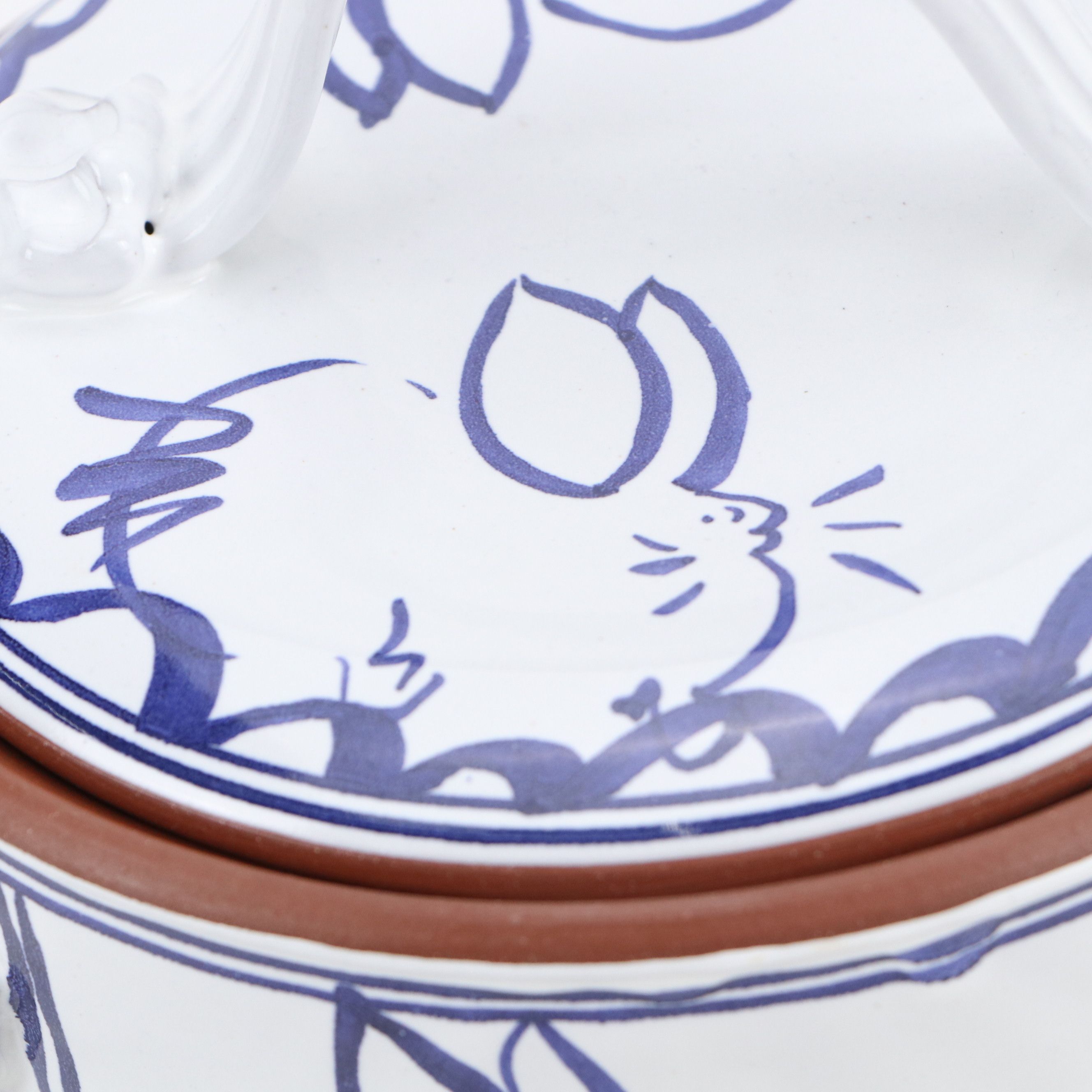 HOT Studio Pottery Rabbit Pattern Tureen with Blue and White Beaded Napkin Rings