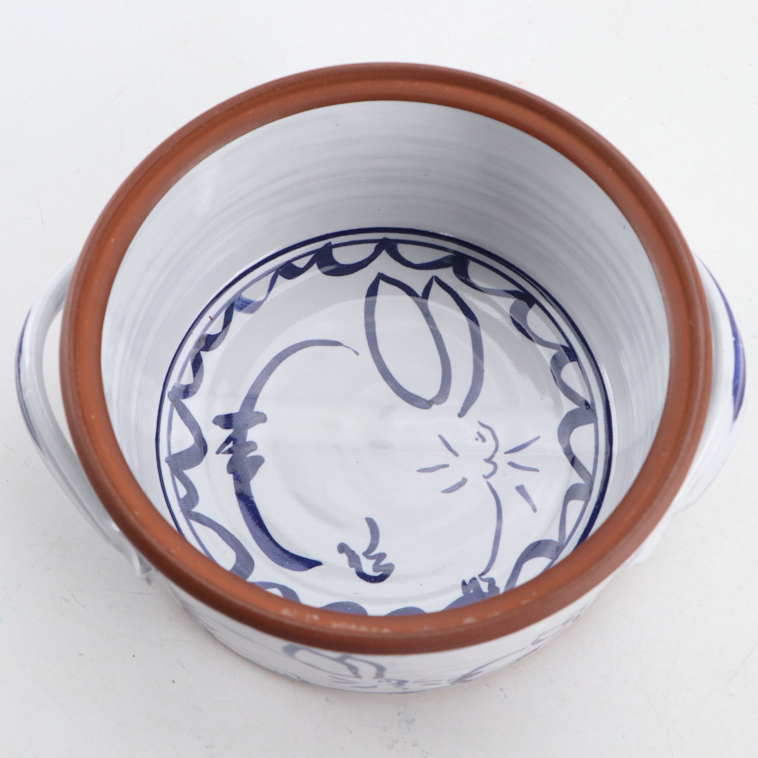 HOT Studio Pottery Rabbit Pattern Tureen with Blue and White Beaded Napkin Rings