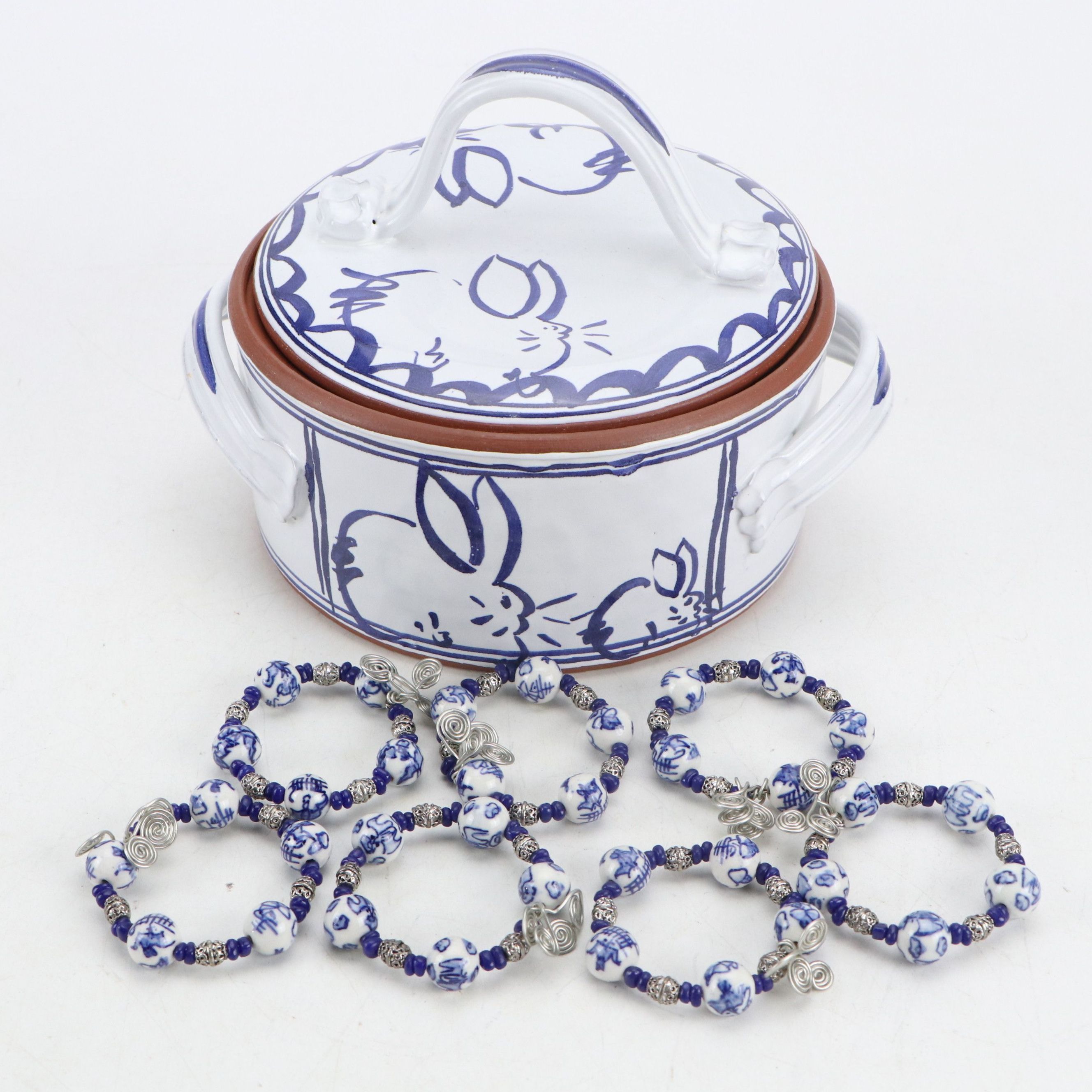 HOT Studio Pottery Rabbit Pattern Tureen with Blue and White Beaded Napkin Rings