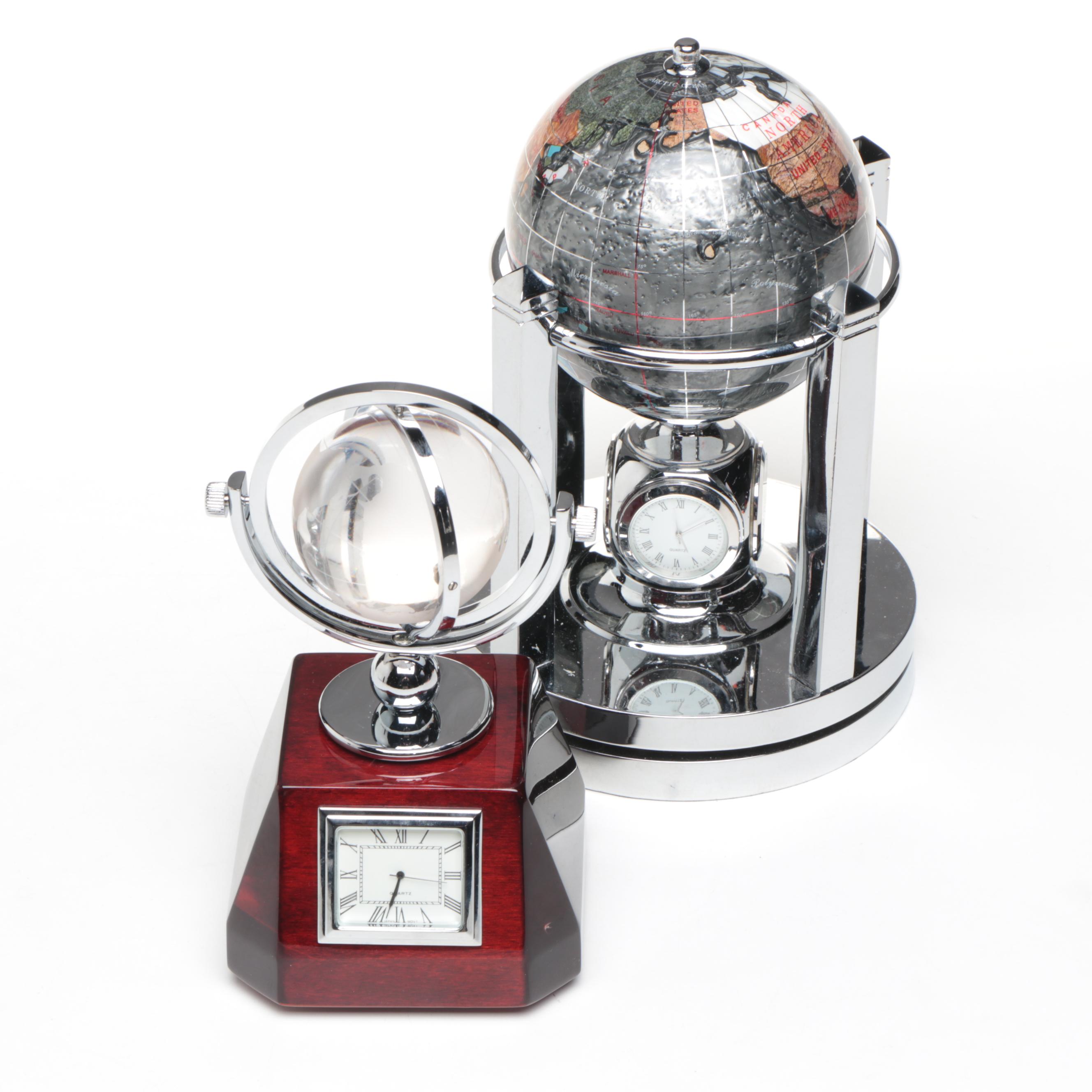 Contemporary Stone, Resin and Abalone Inlay Globe and Other Desk Clock