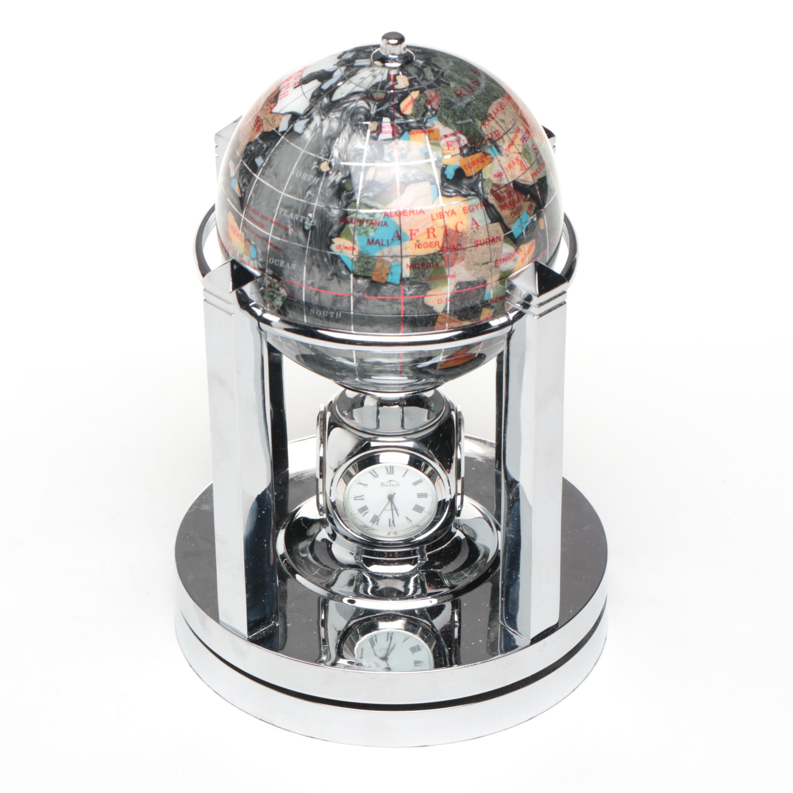 Contemporary Stone, Resin and Abalone Inlay Globe and Other Desk Clock