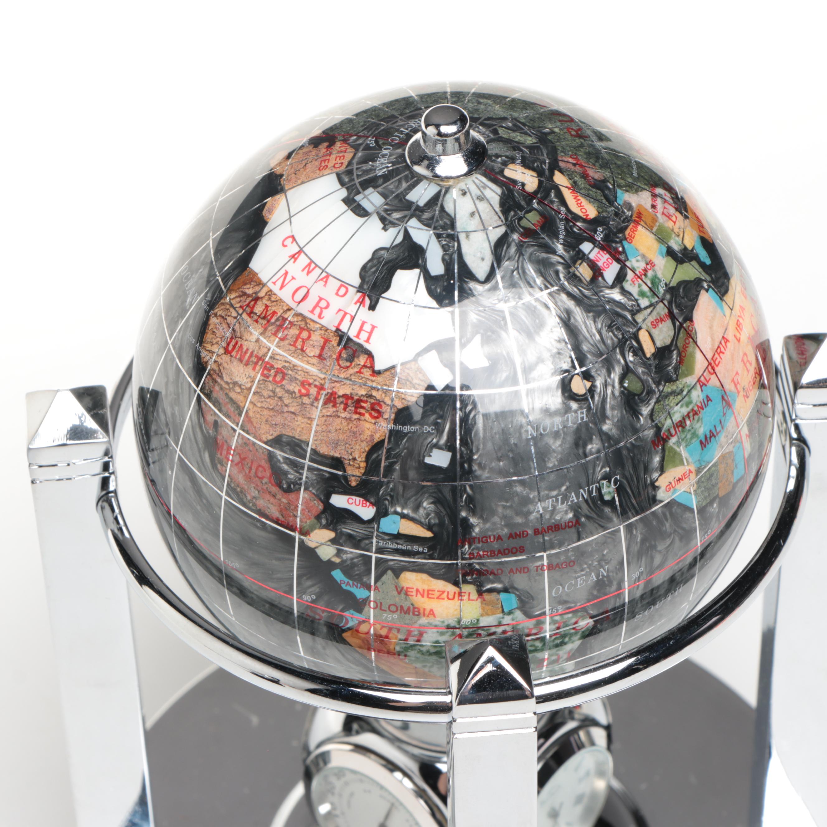 Contemporary Stone, Resin and Abalone Inlay Globe and Other Desk Clock