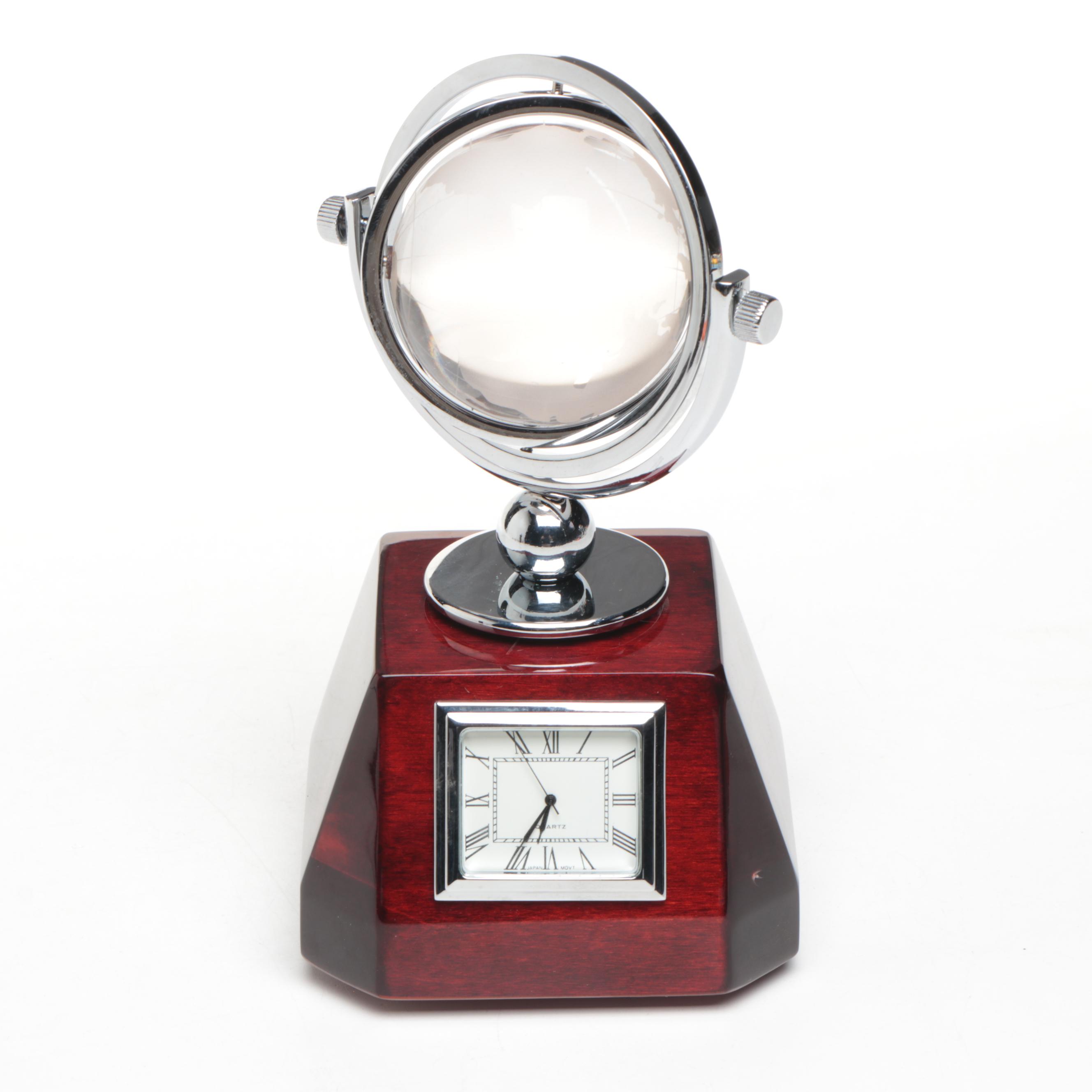 Contemporary Stone, Resin and Abalone Inlay Globe and Other Desk Clock