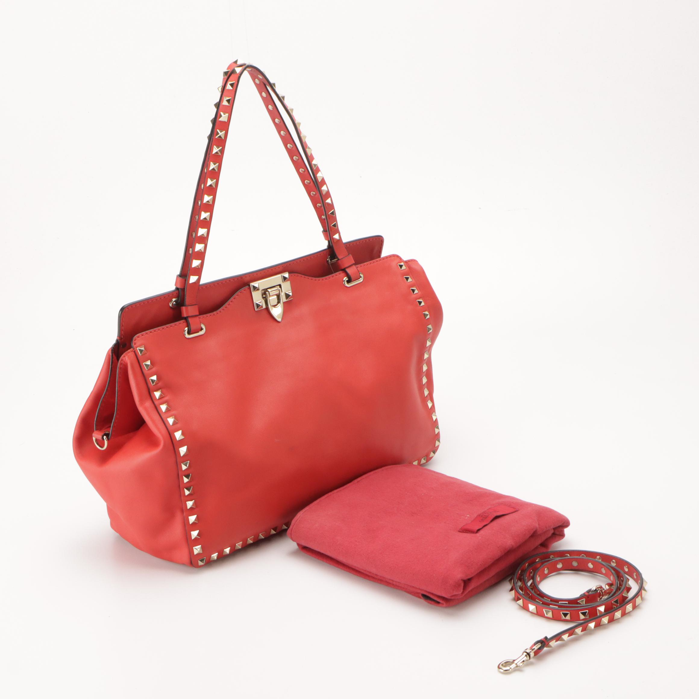Valentino Garavani Rockstud Red Vitello Leather Medium Two-Way Tote