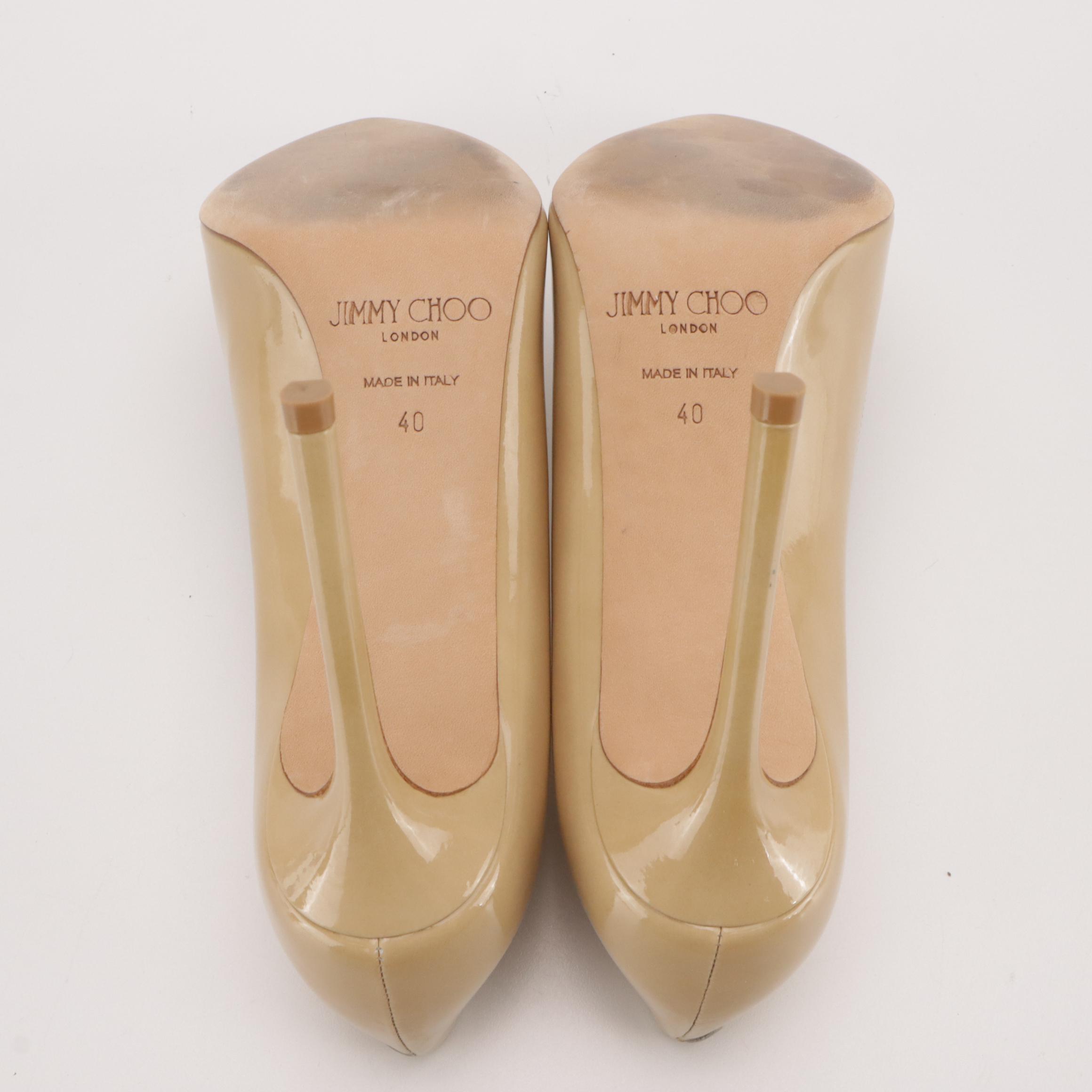 Jimmy Choo Pointed-Toe Pumps in Beige Patent Leather