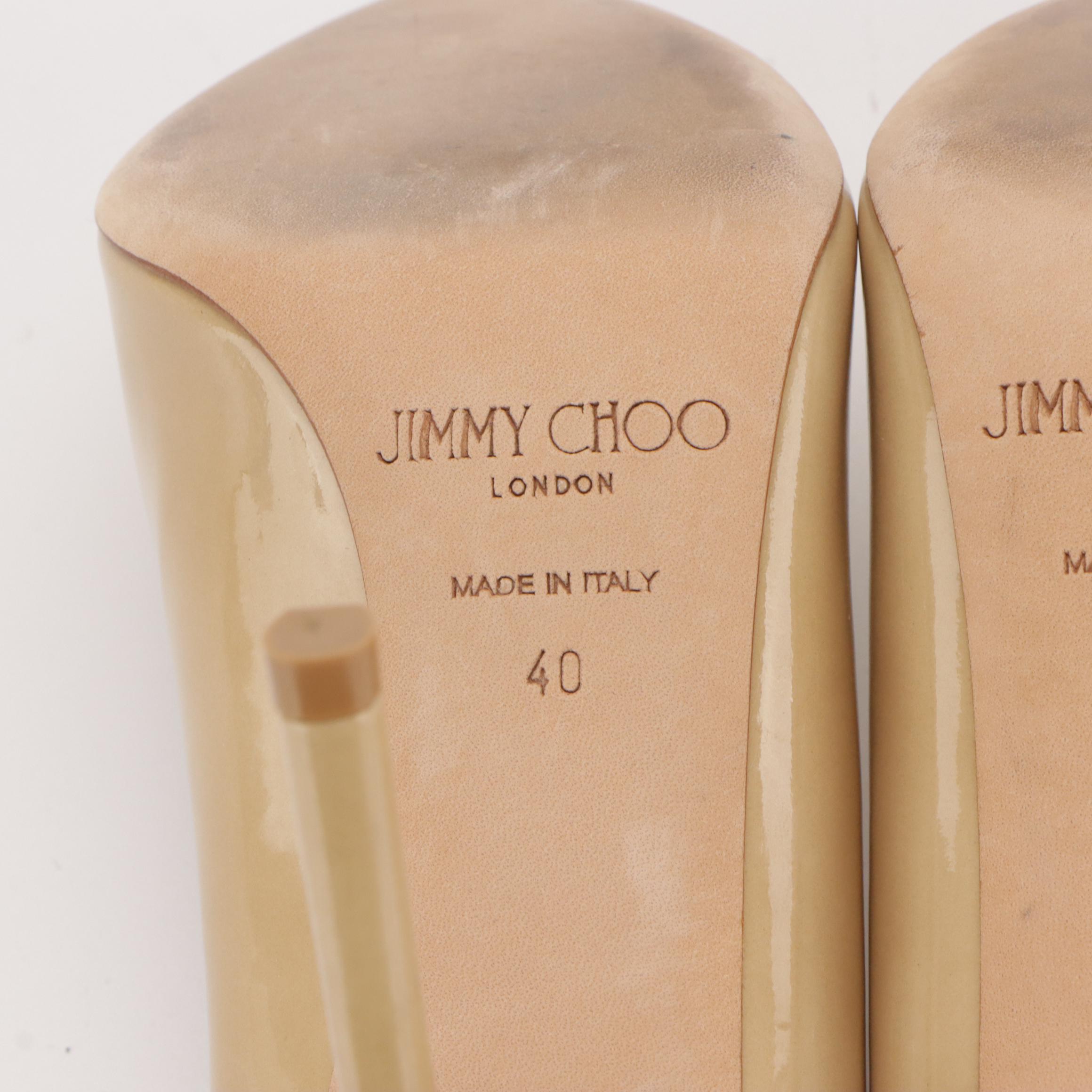 Jimmy Choo Pointed-Toe Pumps in Beige Patent Leather