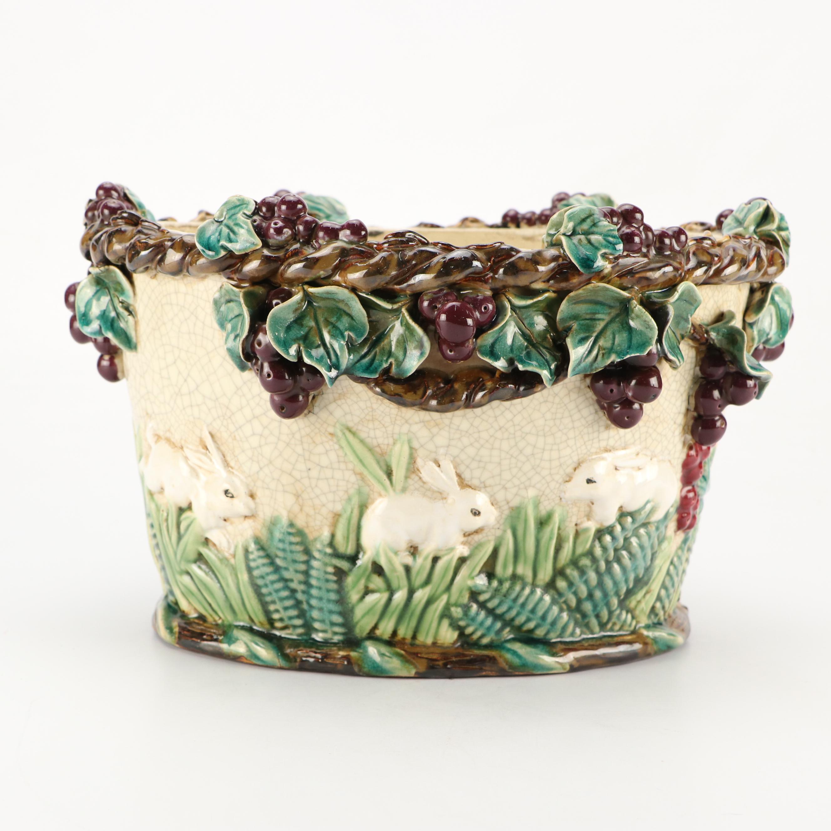 Majolica Style Ceramic Planter Featuring Grapevines and Rabbits