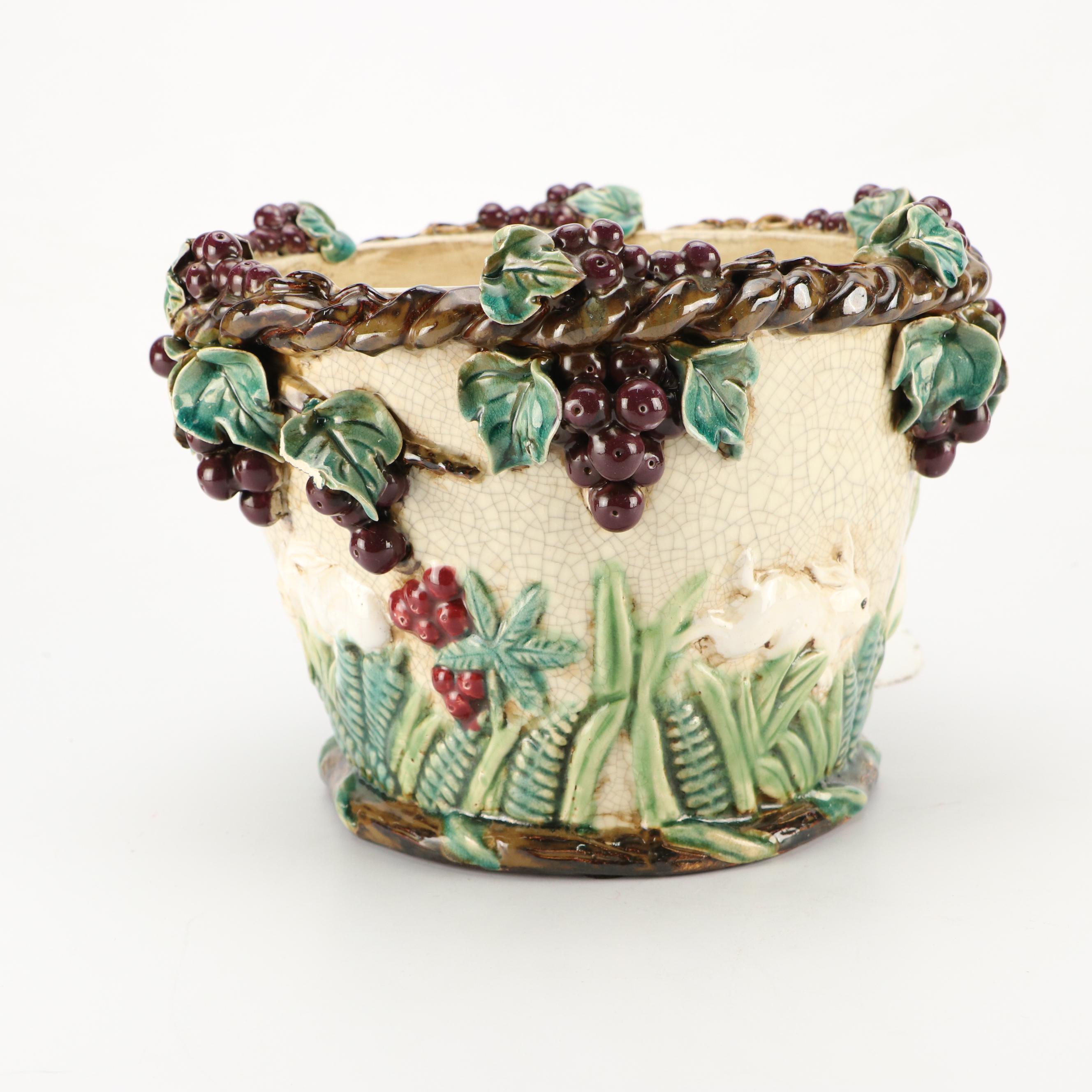 Majolica Style Ceramic Planter Featuring Grapevines and Rabbits