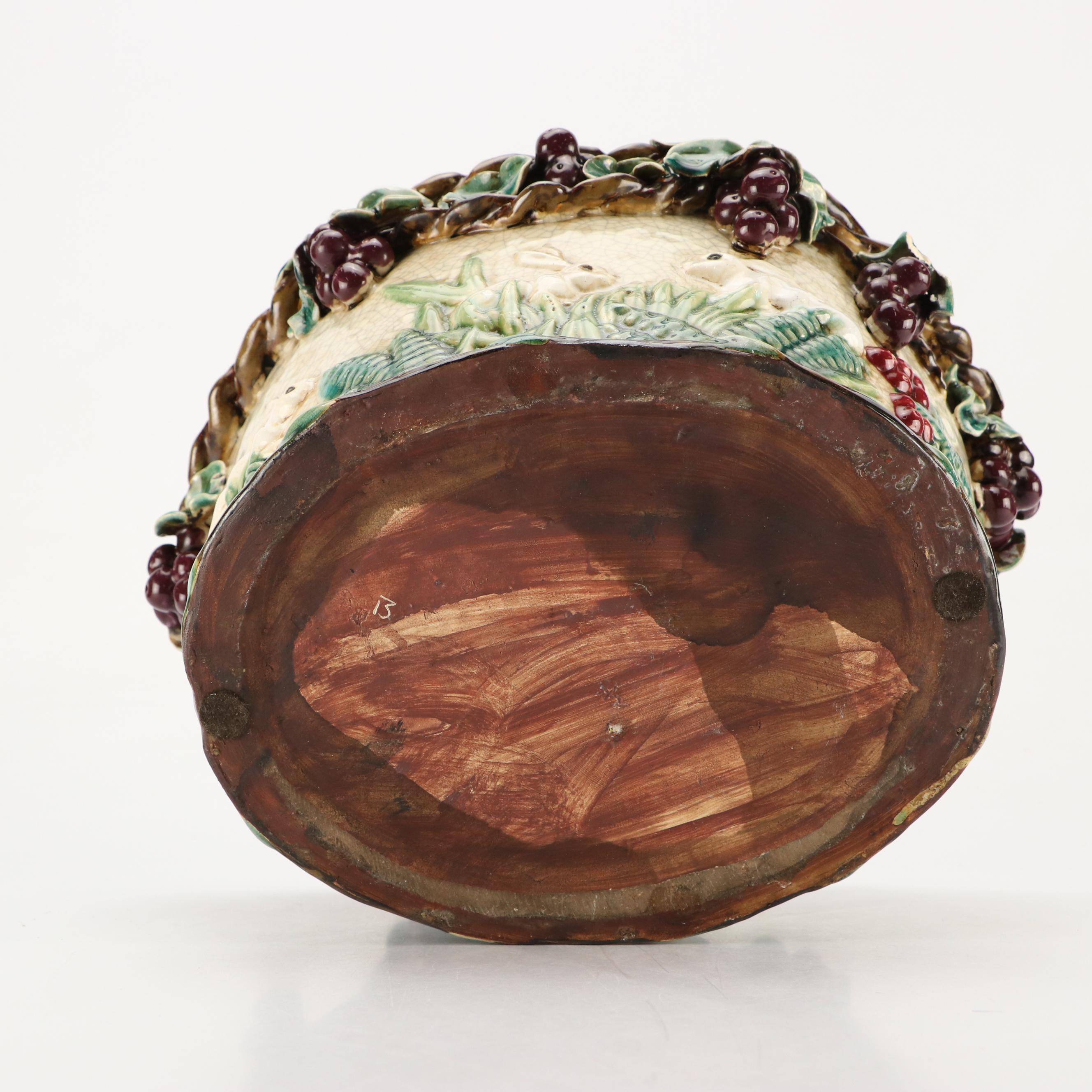 Majolica Style Ceramic Planter Featuring Grapevines and Rabbits