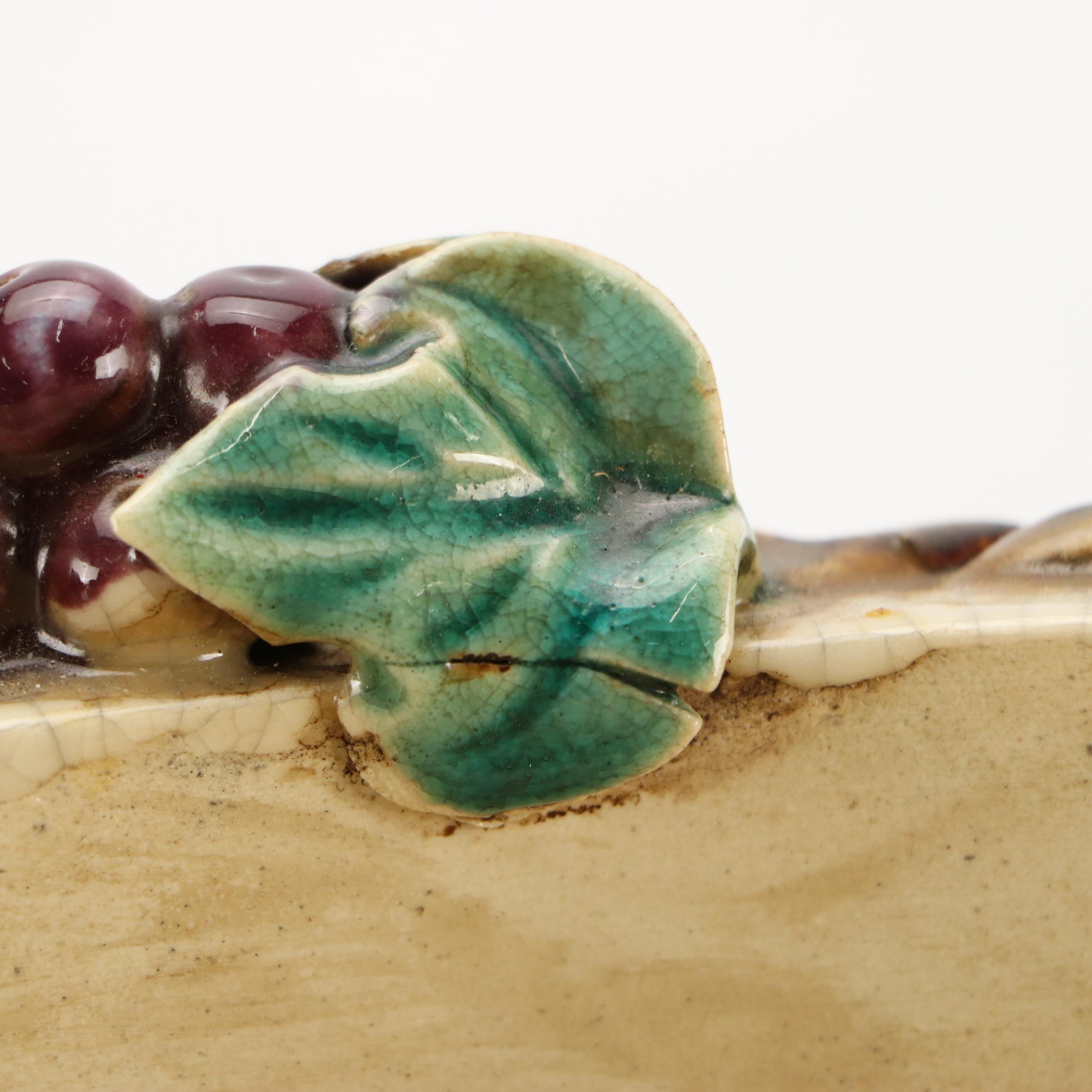 Majolica Style Ceramic Planter Featuring Grapevines and Rabbits
