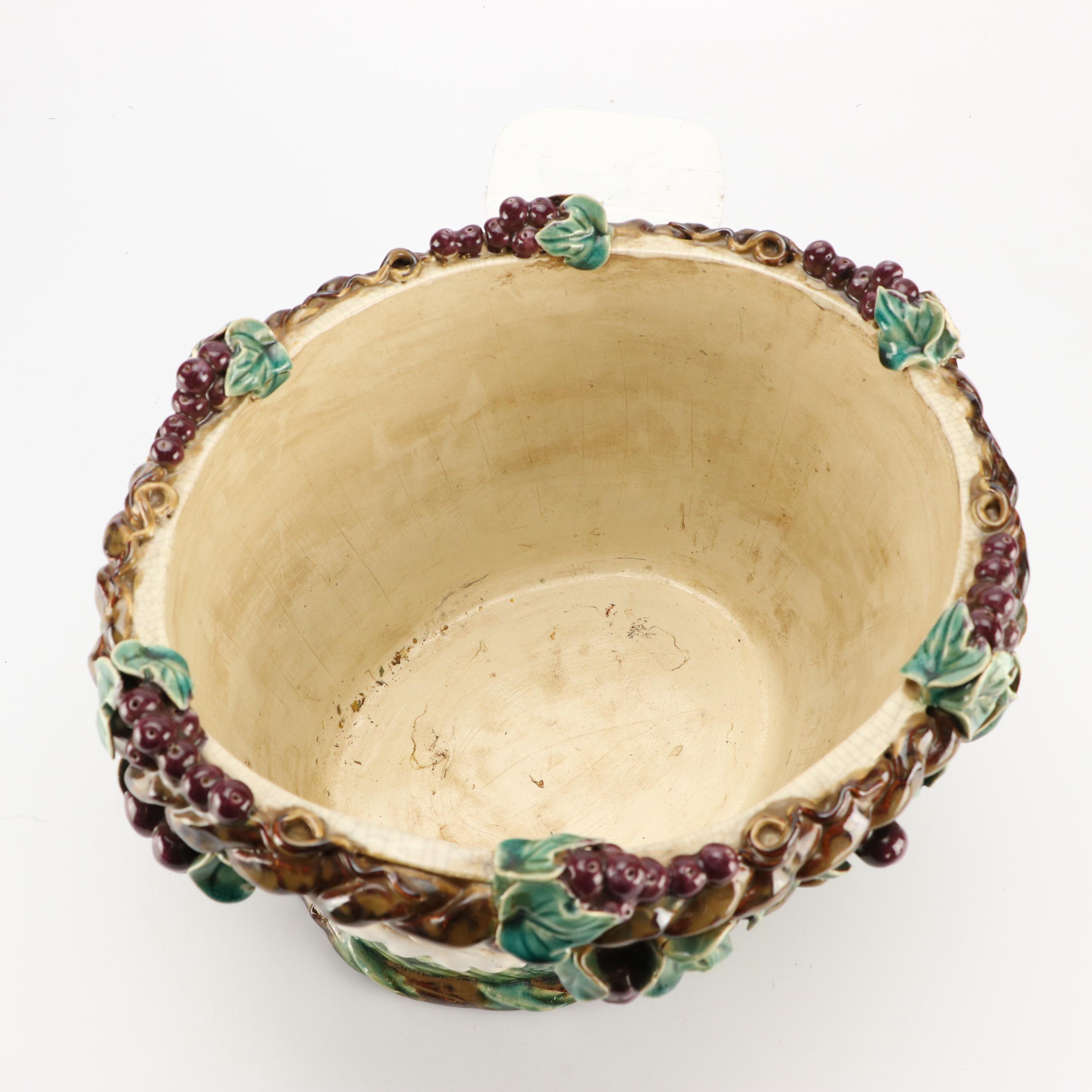 Majolica Style Ceramic Planter Featuring Grapevines and Rabbits