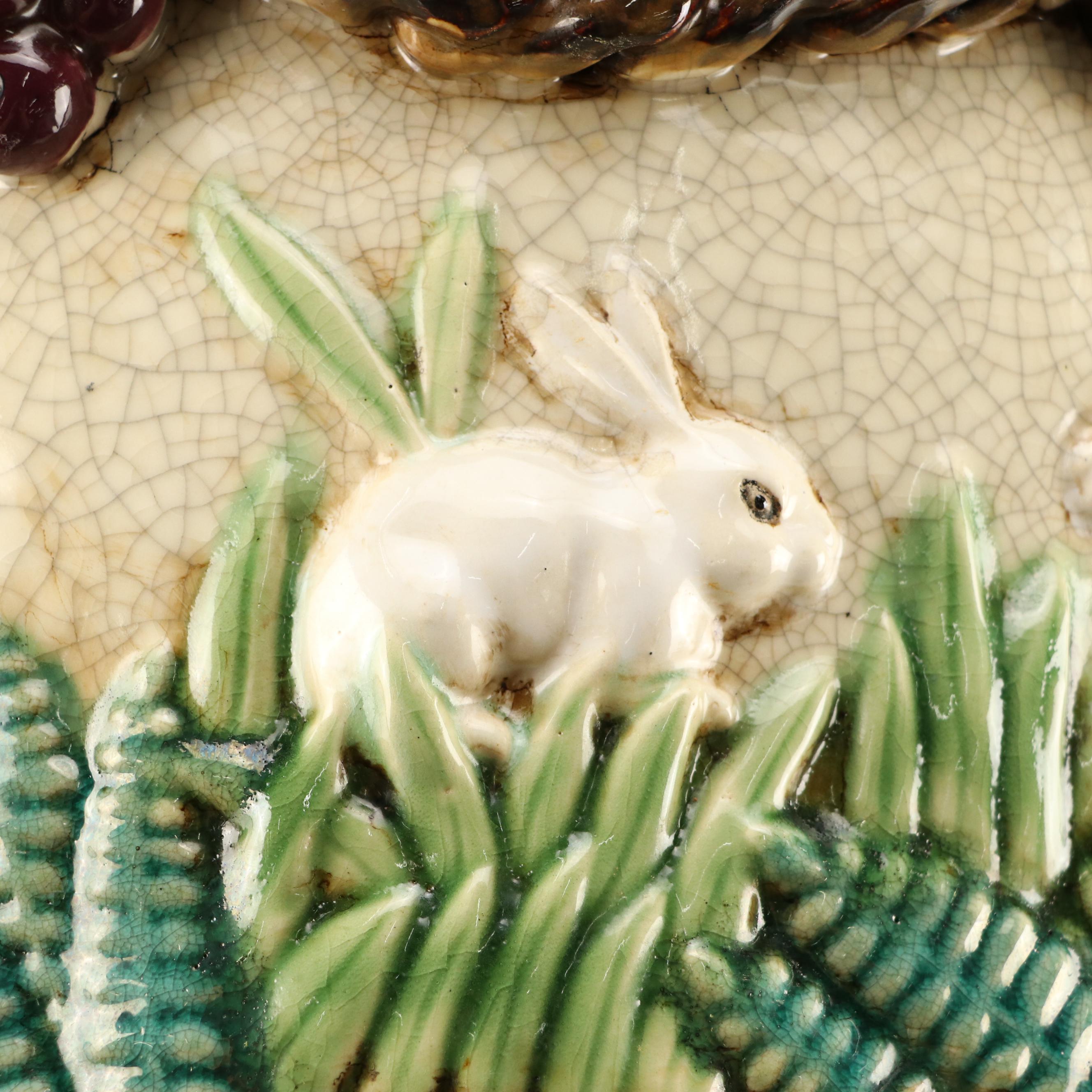 Majolica Style Ceramic Planter Featuring Grapevines and Rabbits