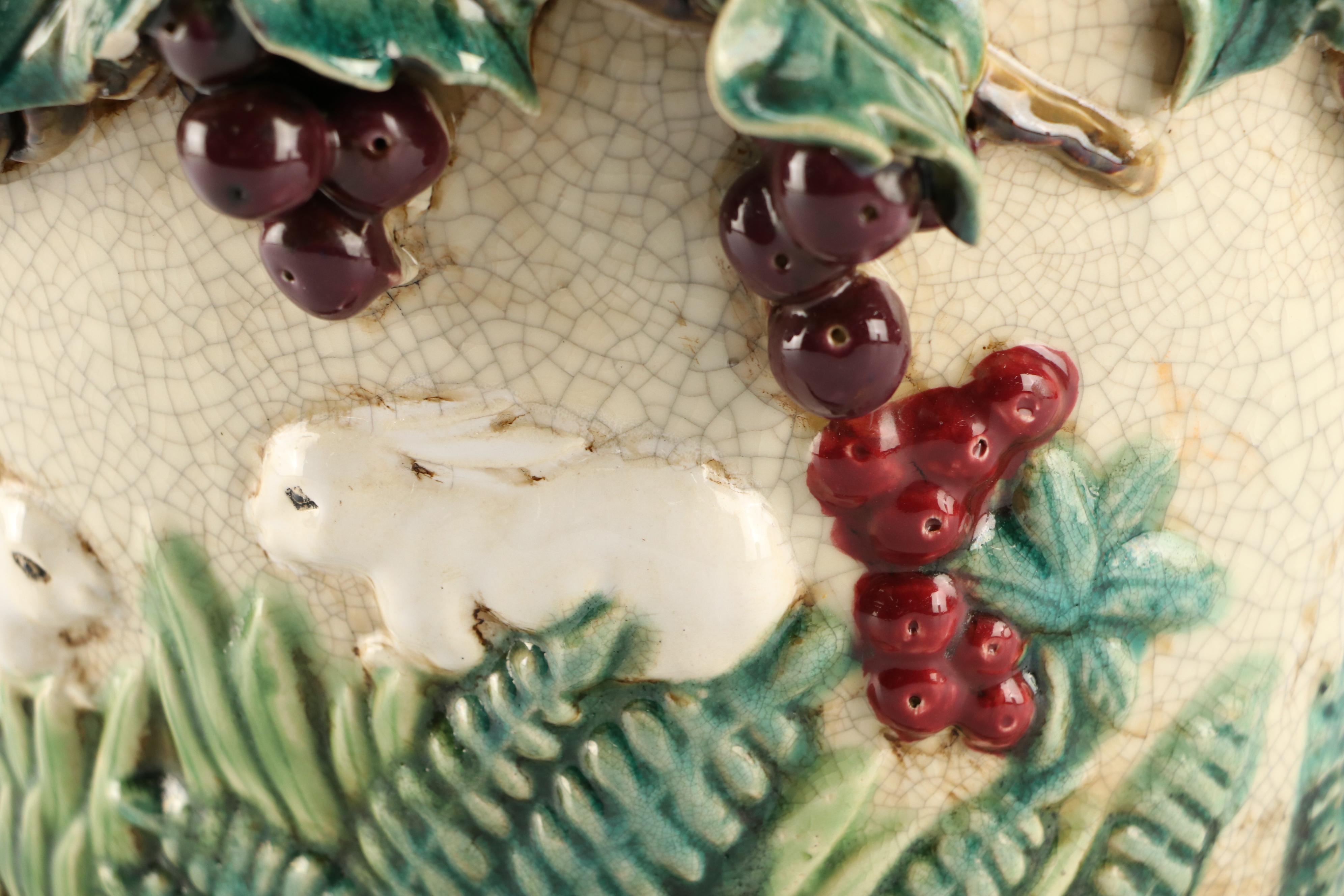 Majolica Style Ceramic Planter Featuring Grapevines and Rabbits