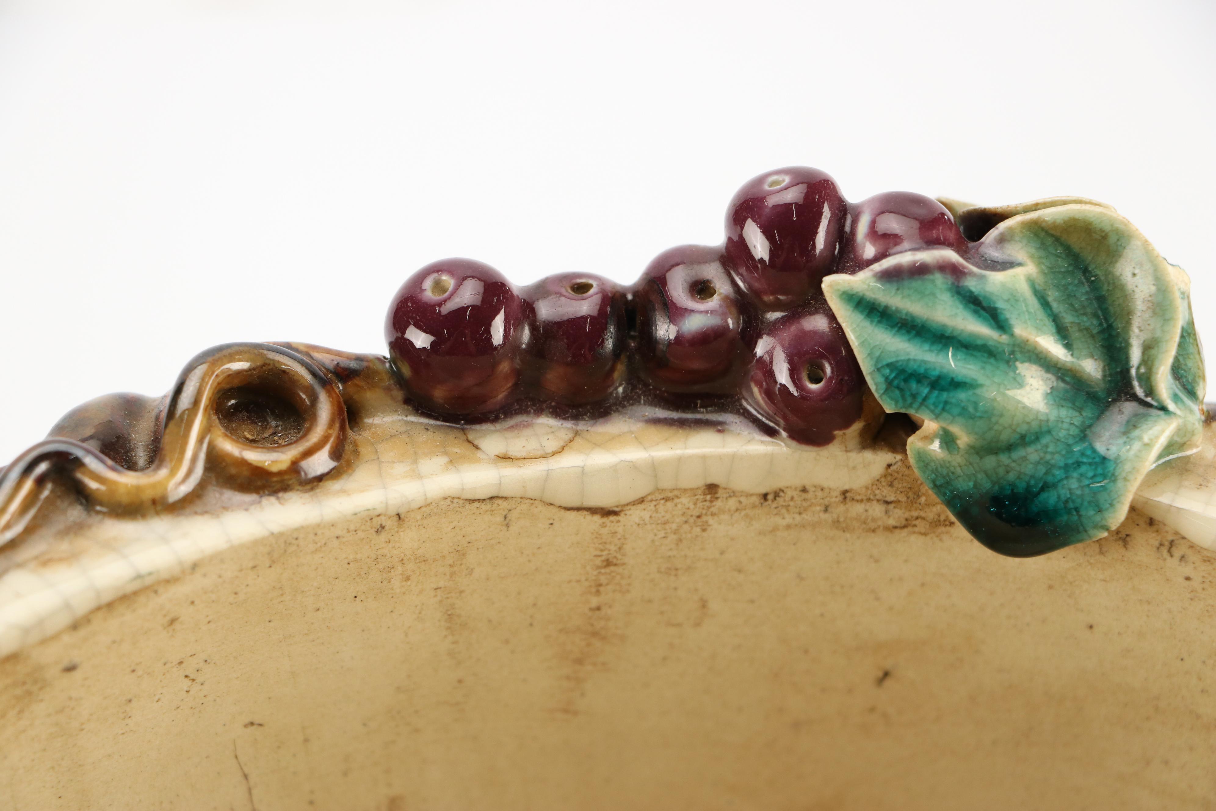 Majolica Style Ceramic Planter Featuring Grapevines and Rabbits