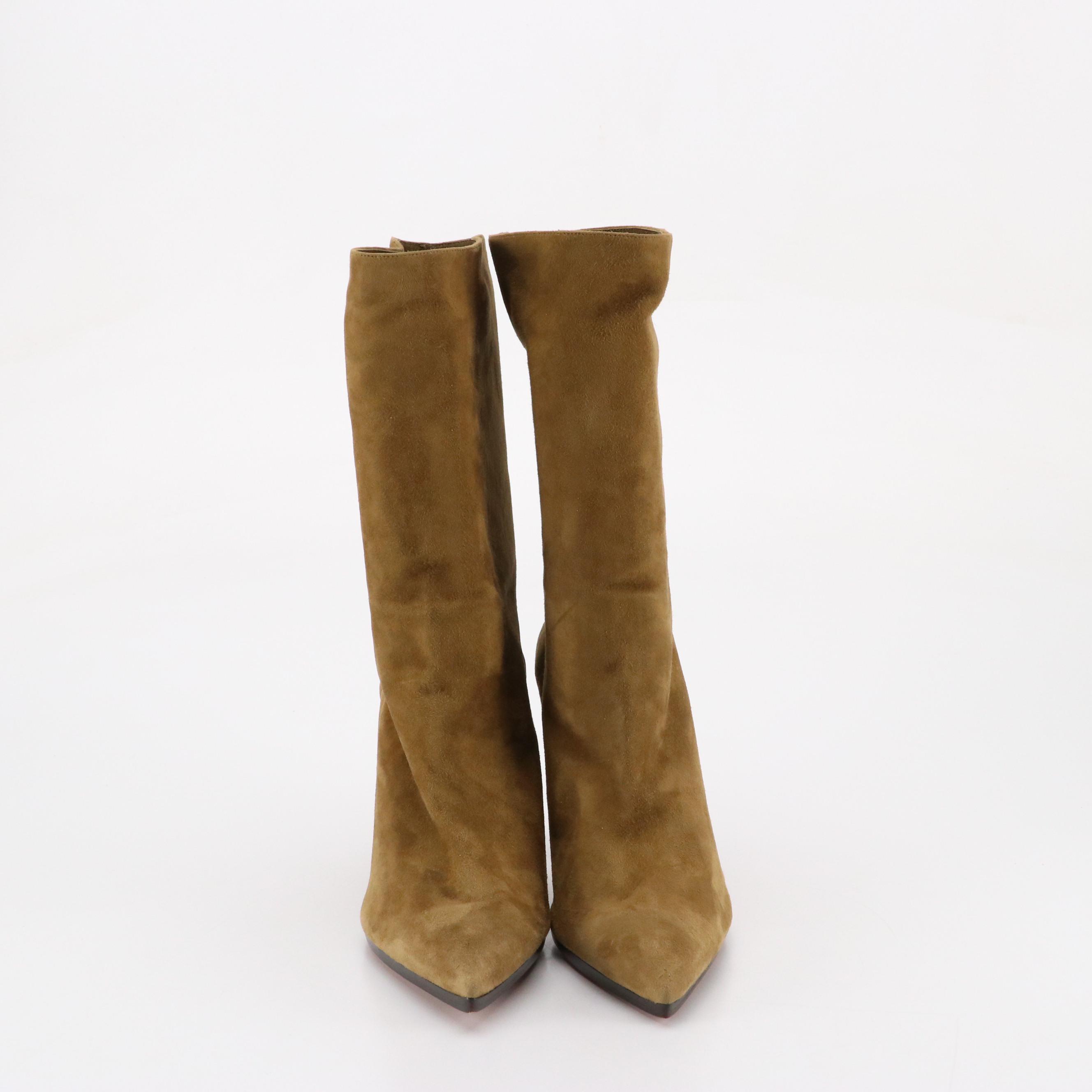 Aquazzura Pointed-Toe Mid Calf Boots in Olive Green Suede