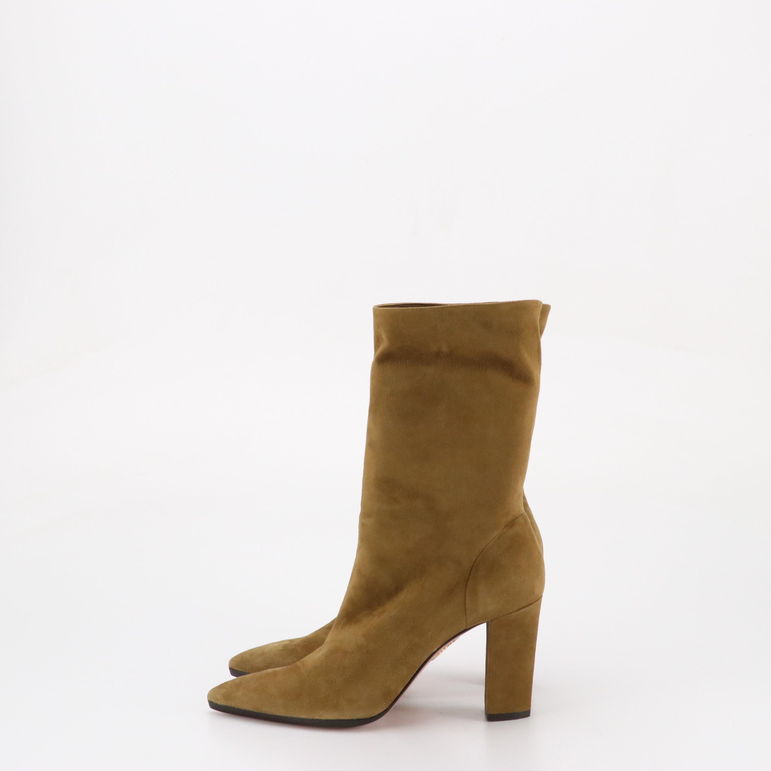 Aquazzura Pointed-Toe Mid Calf Boots in Olive Green Suede