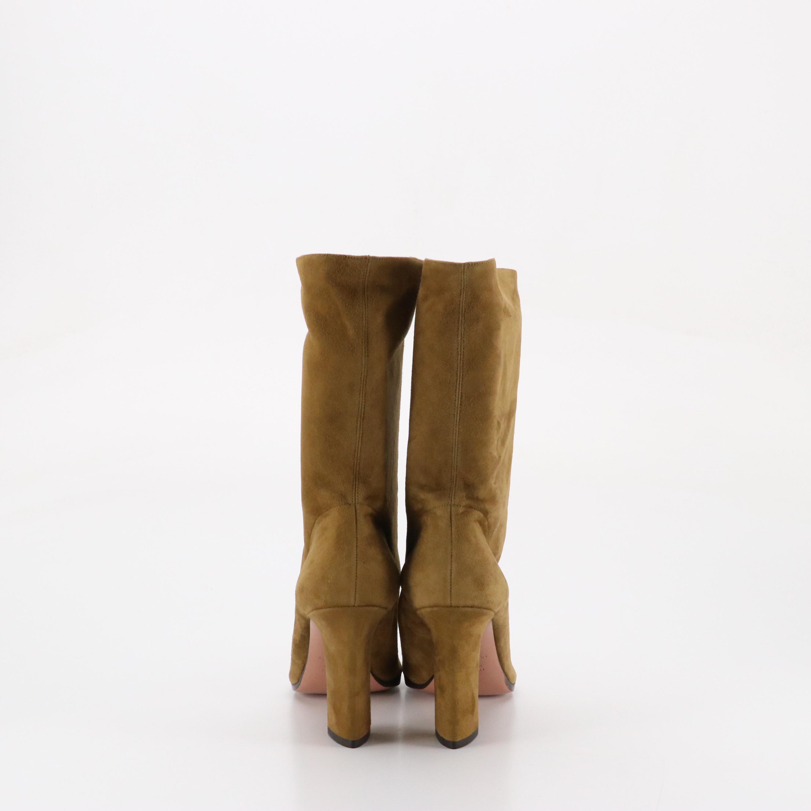 Aquazzura Pointed-Toe Mid Calf Boots in Olive Green Suede