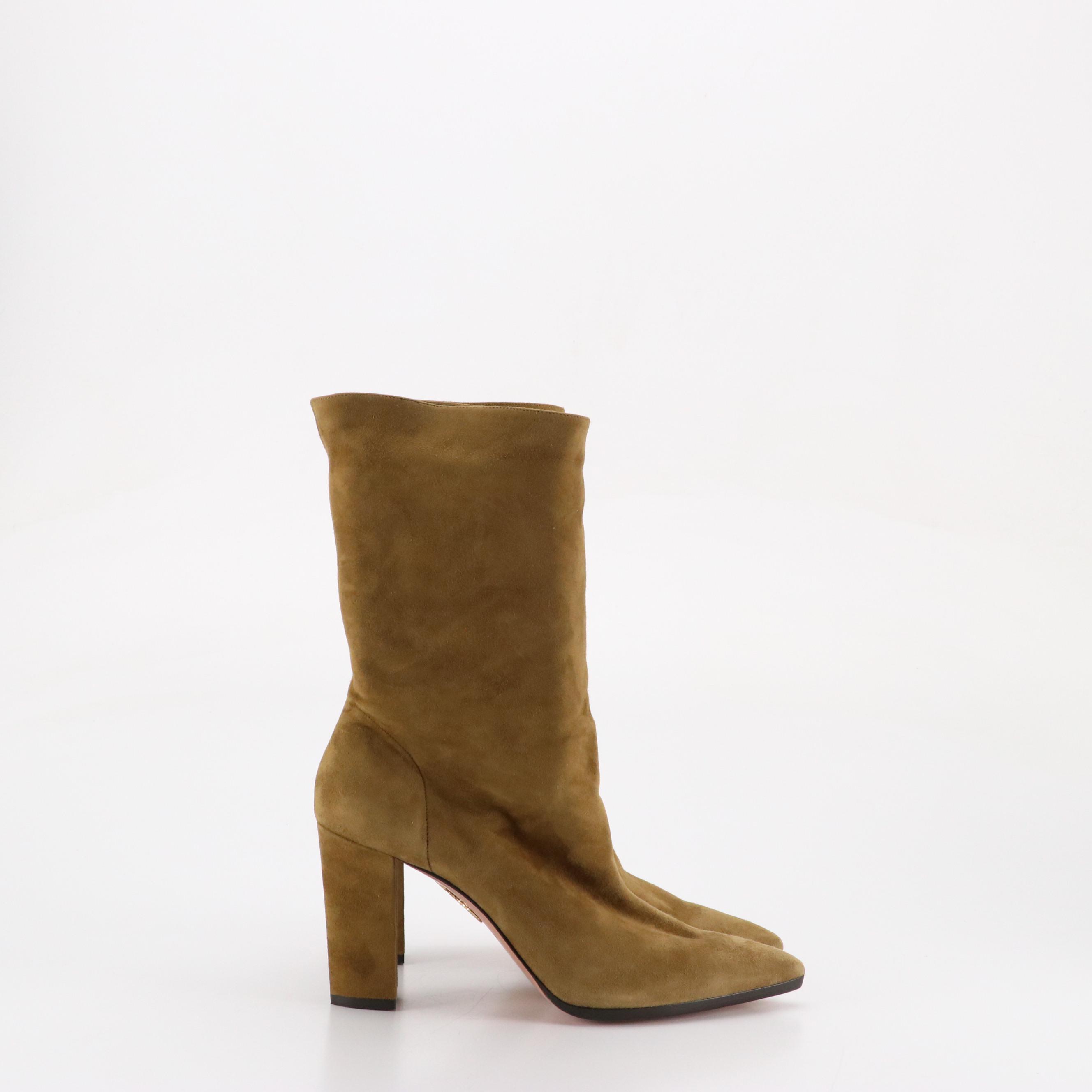Aquazzura Pointed-Toe Mid Calf Boots in Olive Green Suede
