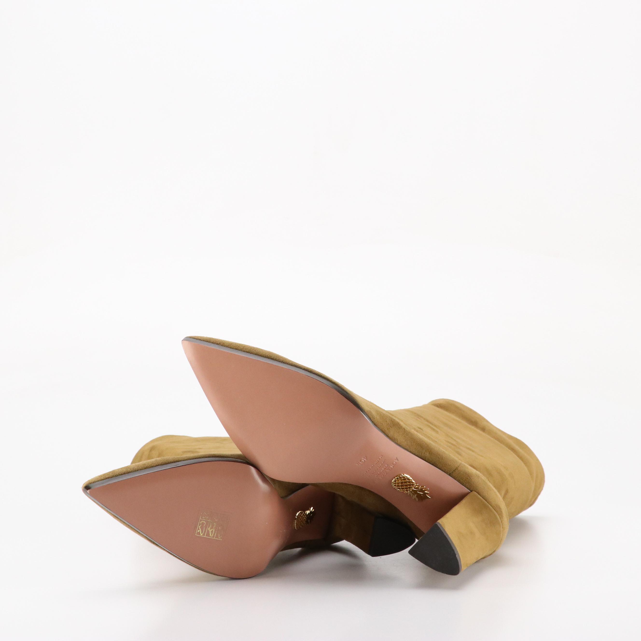 Aquazzura Pointed-Toe Mid Calf Boots in Olive Green Suede