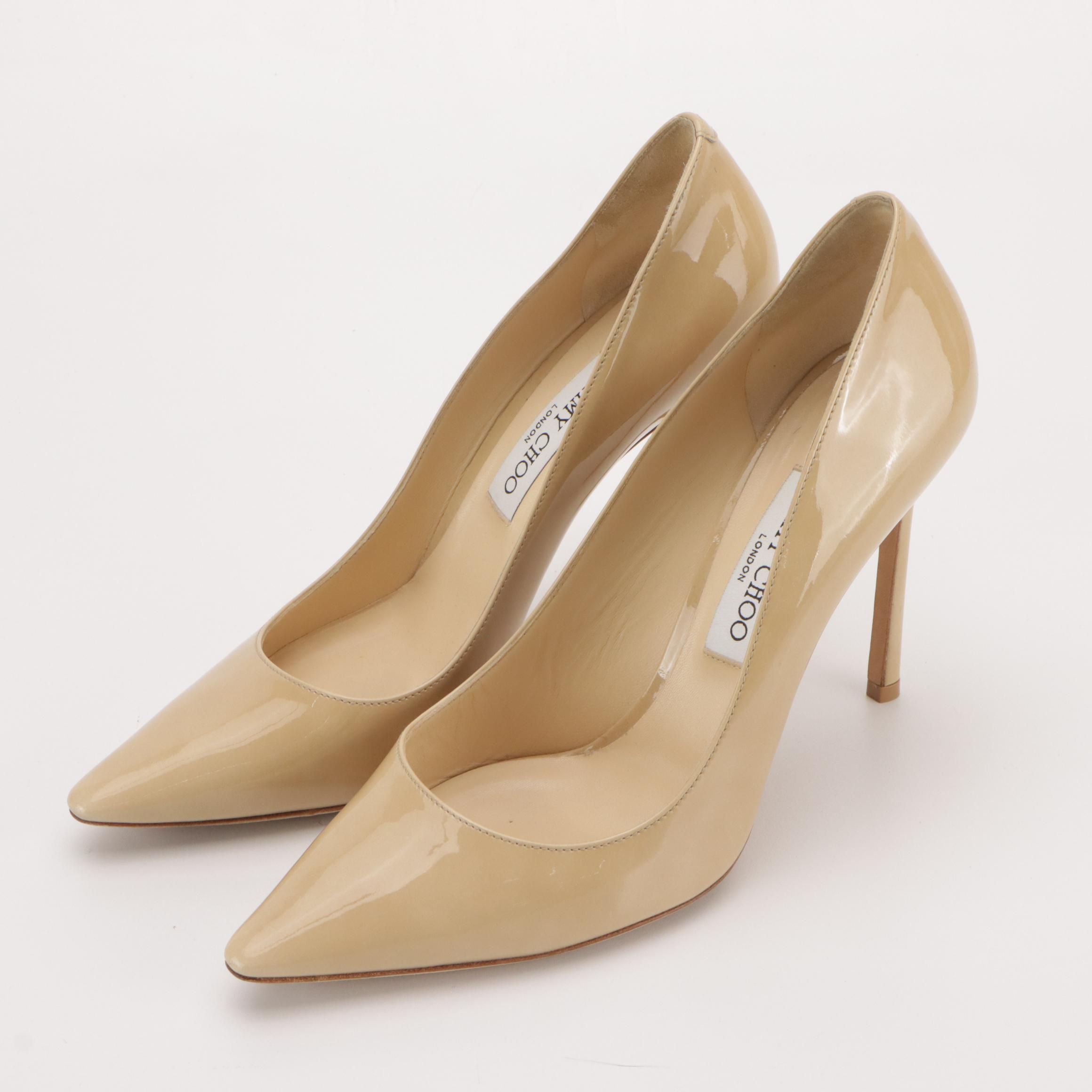 Jimmy Choo Pointed-Toe Pumps in Beige Patent Leather